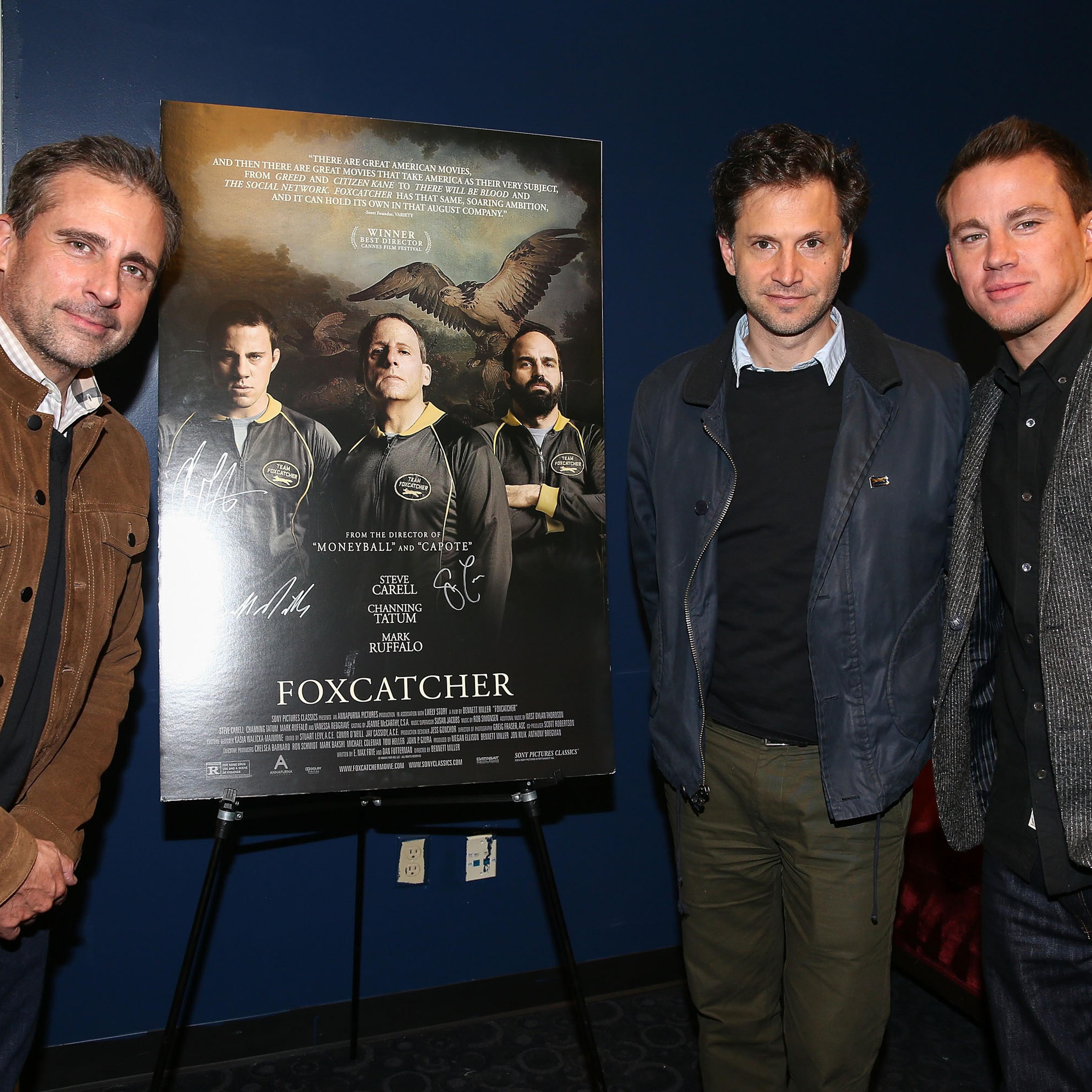 From left: Actor Steve Carell, director Bennett Miller, and actor Channing Tatum attend the screening of 'Foxcatcher' on Nov. 19, 2014 in Hollywood, California.