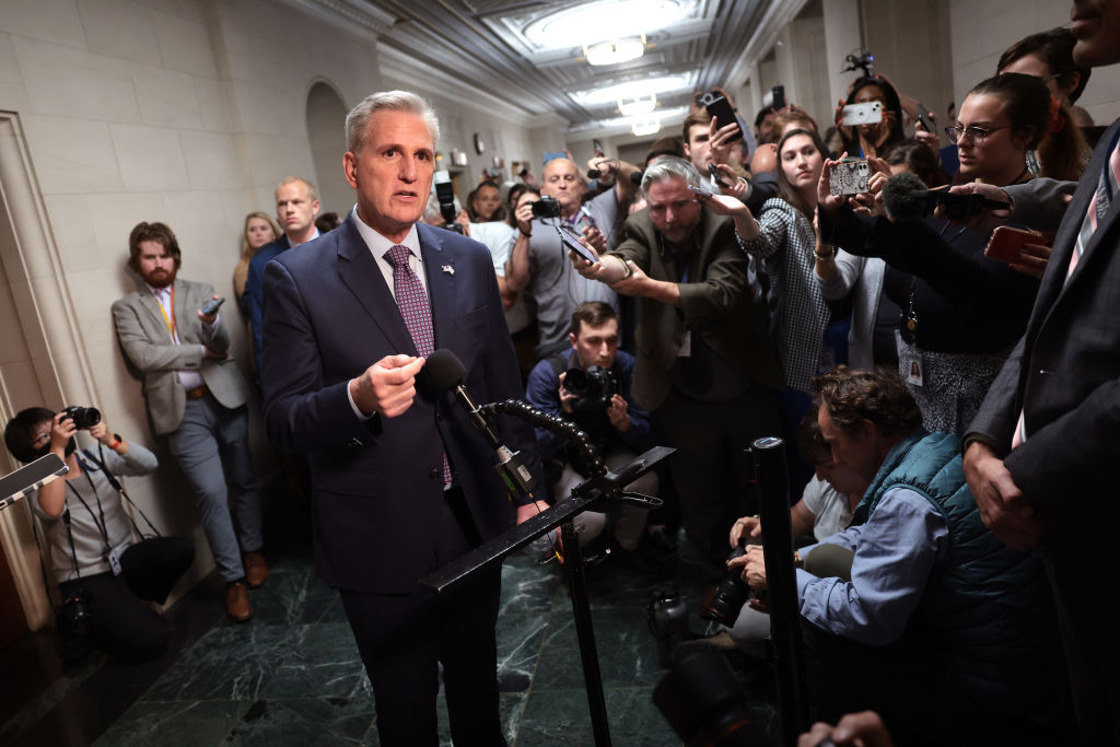Former Speaker of the House Kevin McCarthy (R-CA) talks to members of the media as he arrives to a candidate forum with House Republicans to hear from members running for U.S. Speaker of House in the Longworth House Office Building on October 10, 2023 in