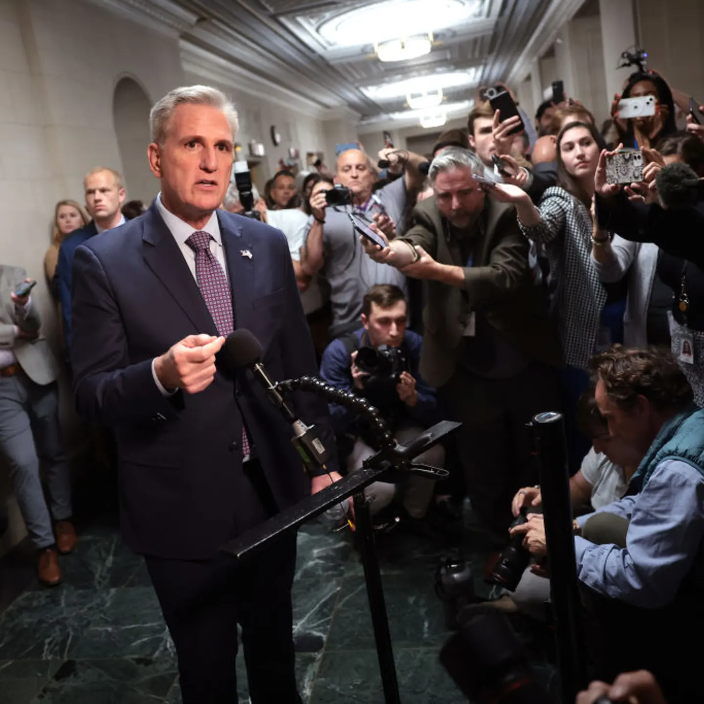 Former Speaker of the House Kevin McCarthy (R-CA) talks to members of the media as he arrives to a candidate forum with House Republicans to hear from members running for U.S. Speaker of House in the Longworth House Office Building on October 10, 2023 in