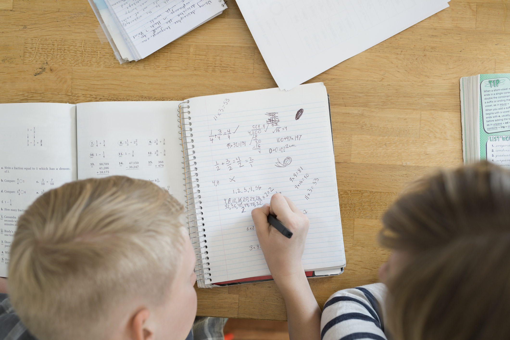 Overhead view of mother helping son with math homework