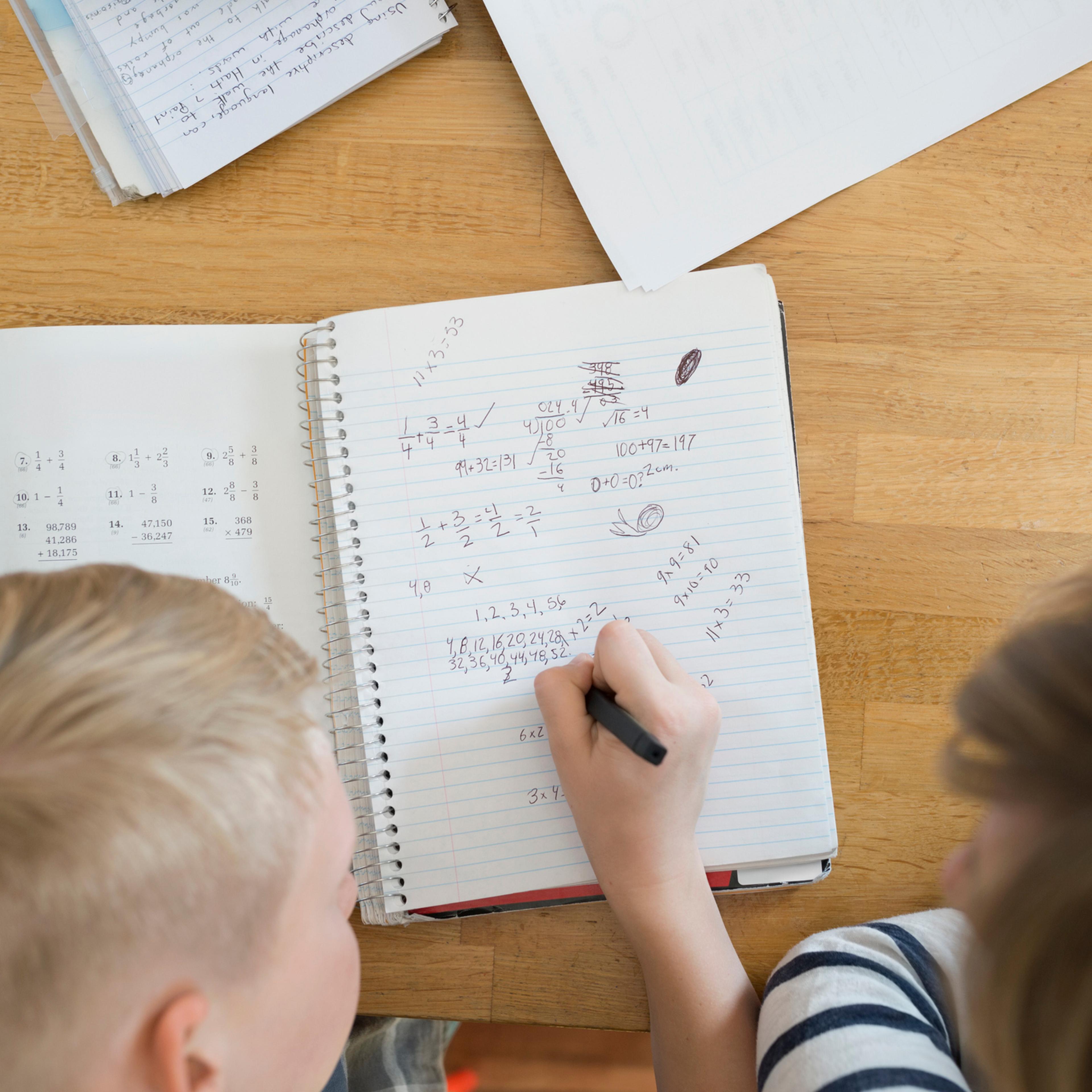 Overhead view of mother helping son with math homework