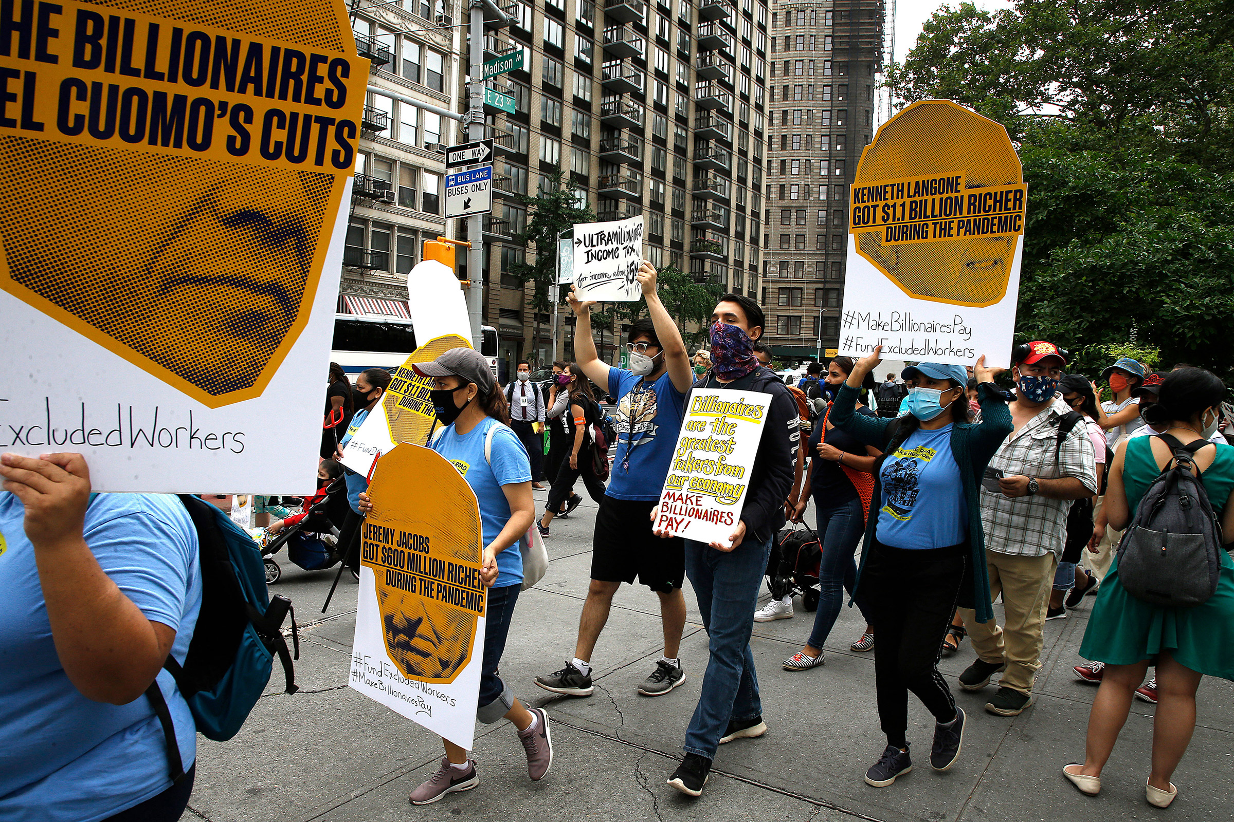 People demonstrate during the “March on Billionaires” to raise attention to the inequity in income among the wealthy and the working class in New York City on July 17, 2020.