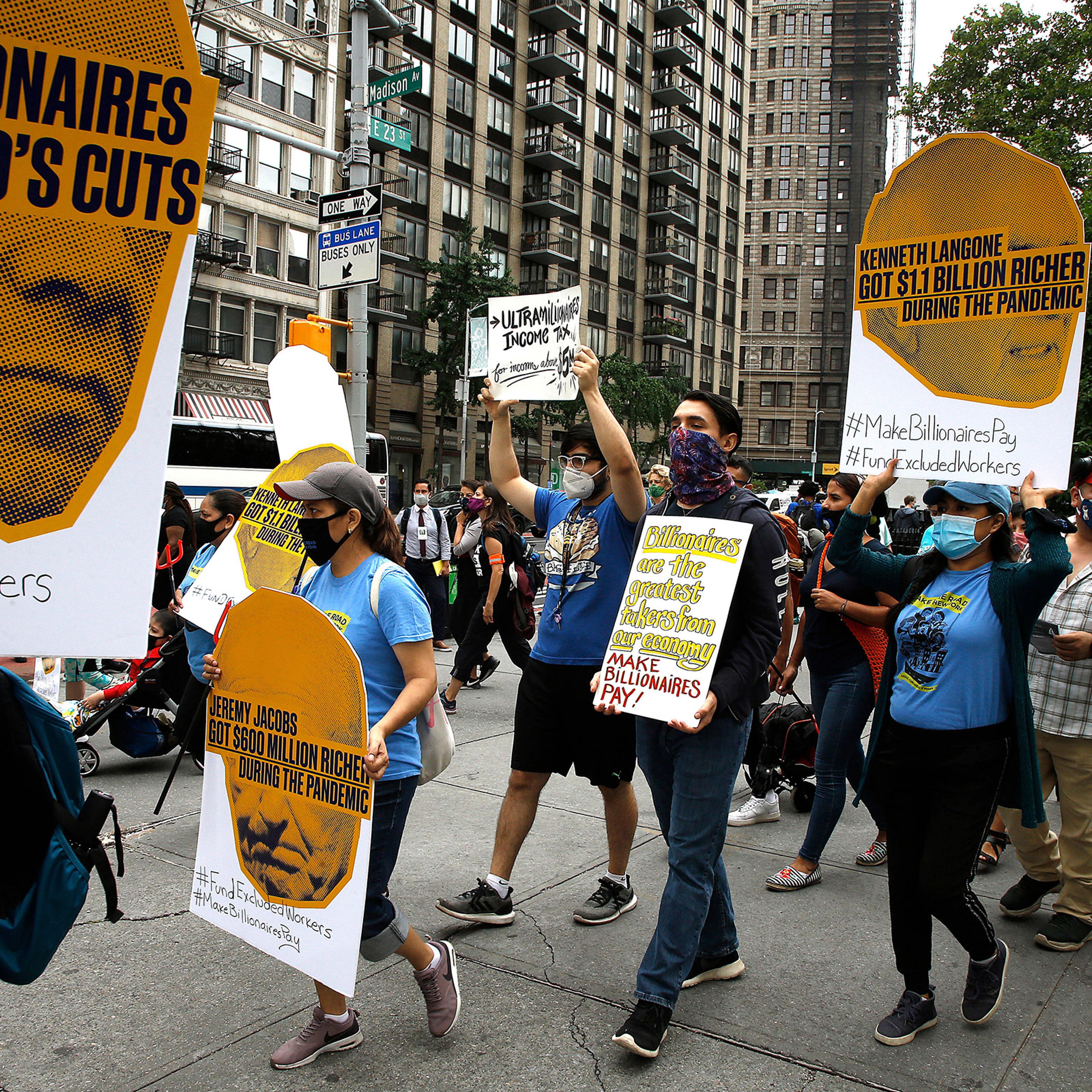 People demonstrate during the “March on Billionaires” to raise attention to the inequity in income among the wealthy and the working class in New York City on July 17, 2020.