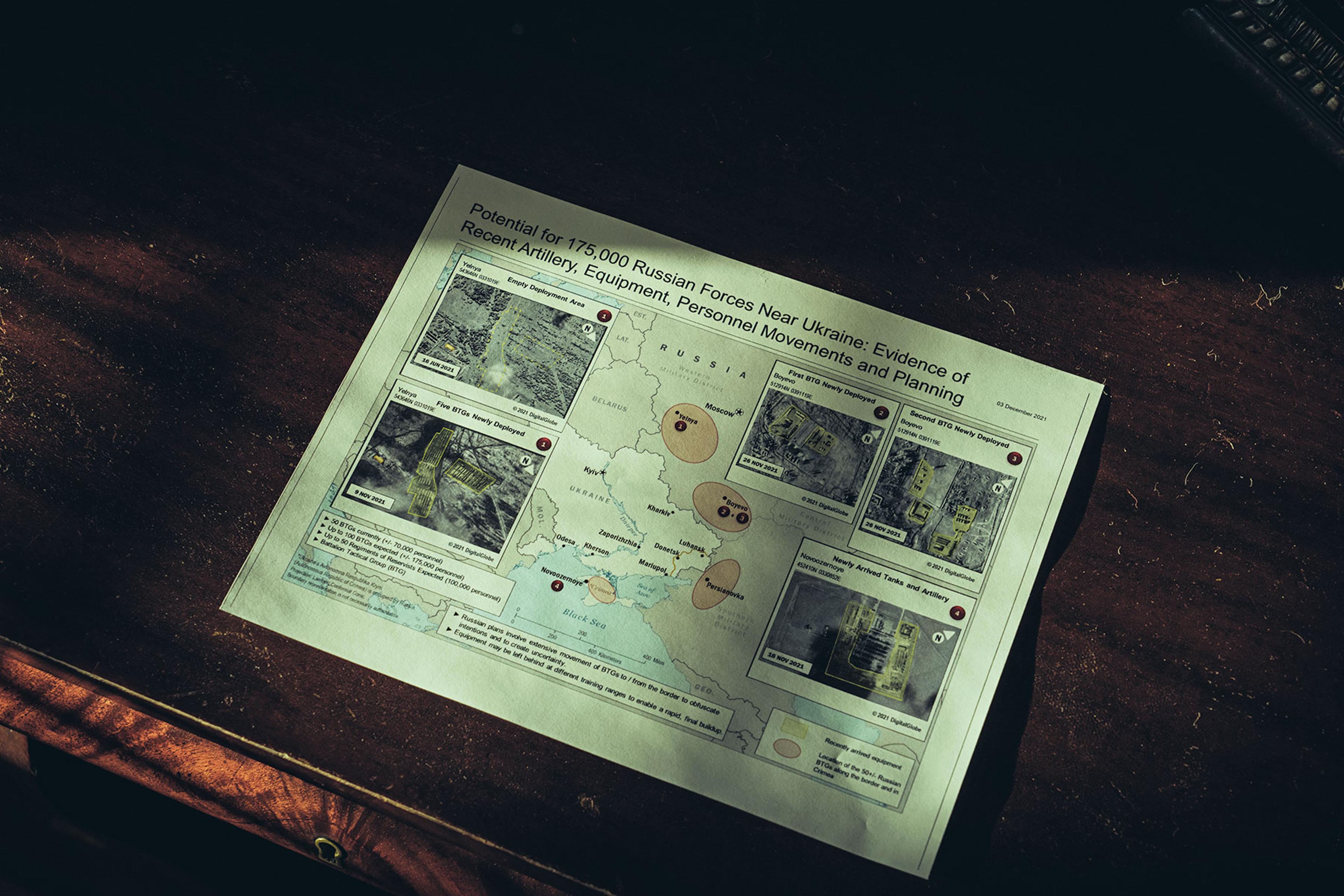 A document showing declassified details of Russian troop deployments along the Ukraine border.
