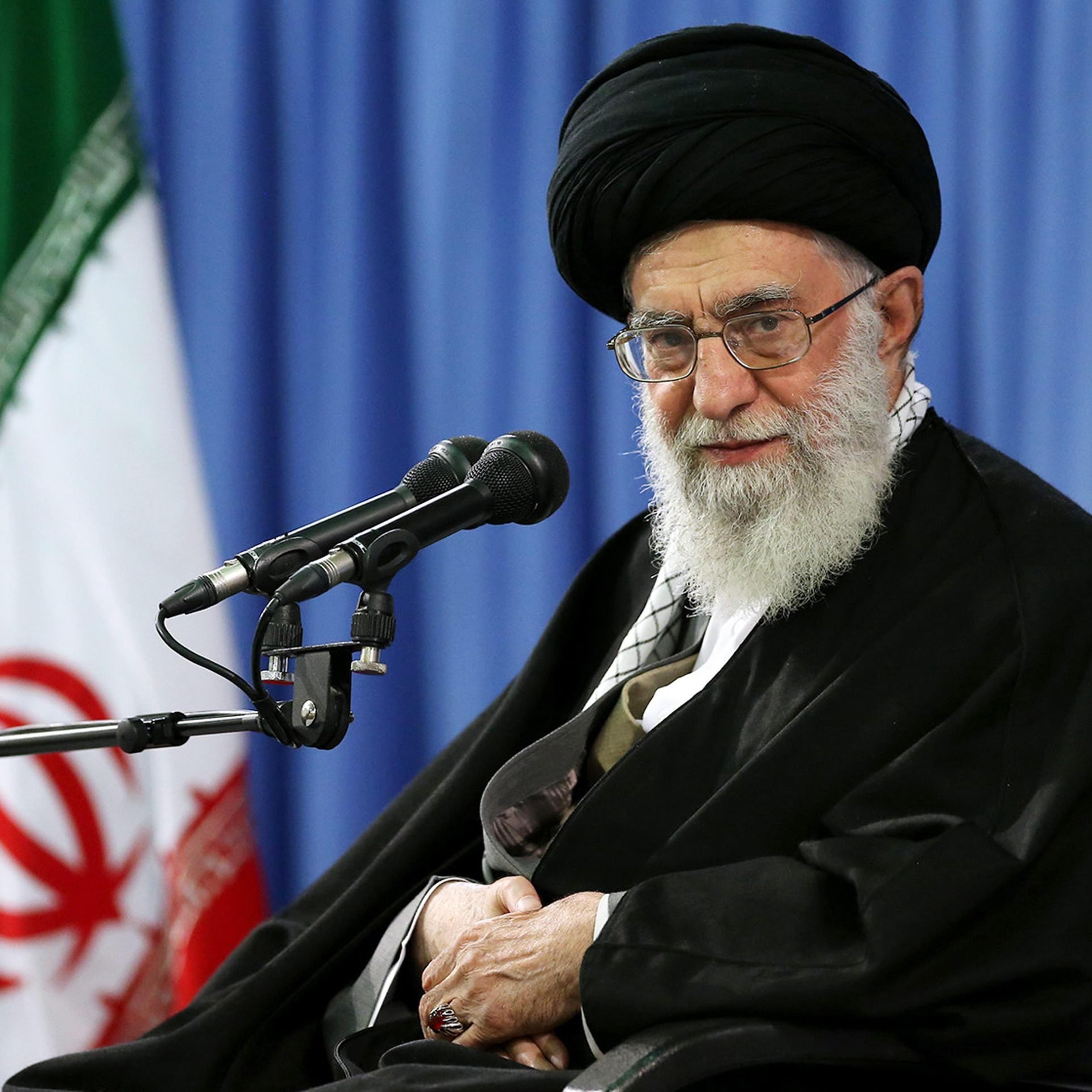 Supreme Leader, Ayatollah Ali Khamenei, speaking to crowds during a ceremony in Tehran on April 9, 2015.