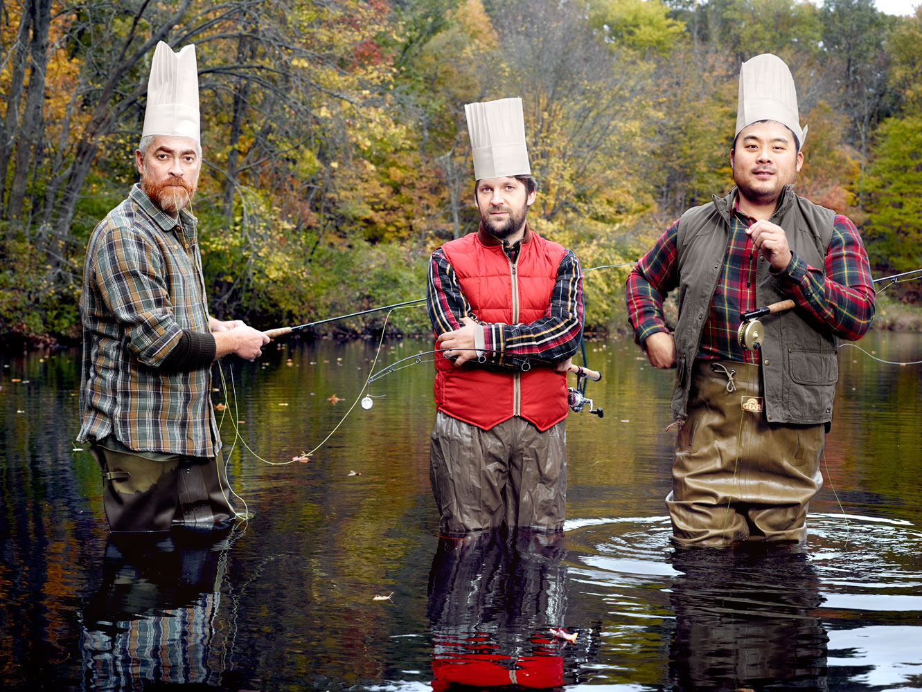 Alex Atala, René Redzepi and David Chang in the lake at Nyoda Girls Camp in Oak Ridge, N.J., on October 11, 2013.