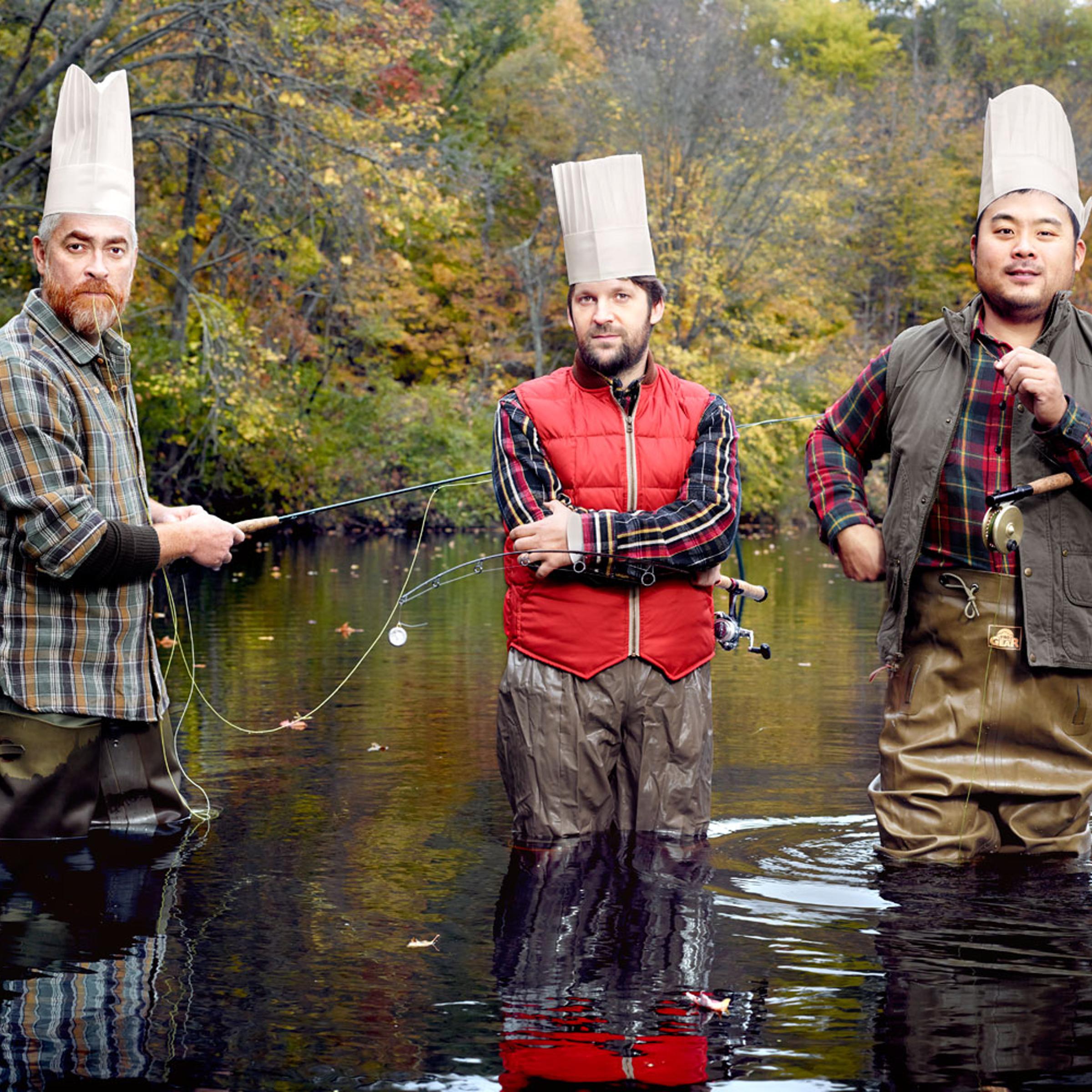 Alex Atala, René Redzepi and David Chang in the lake at Nyoda Girls Camp in Oak Ridge, N.J., on October 11, 2013.
