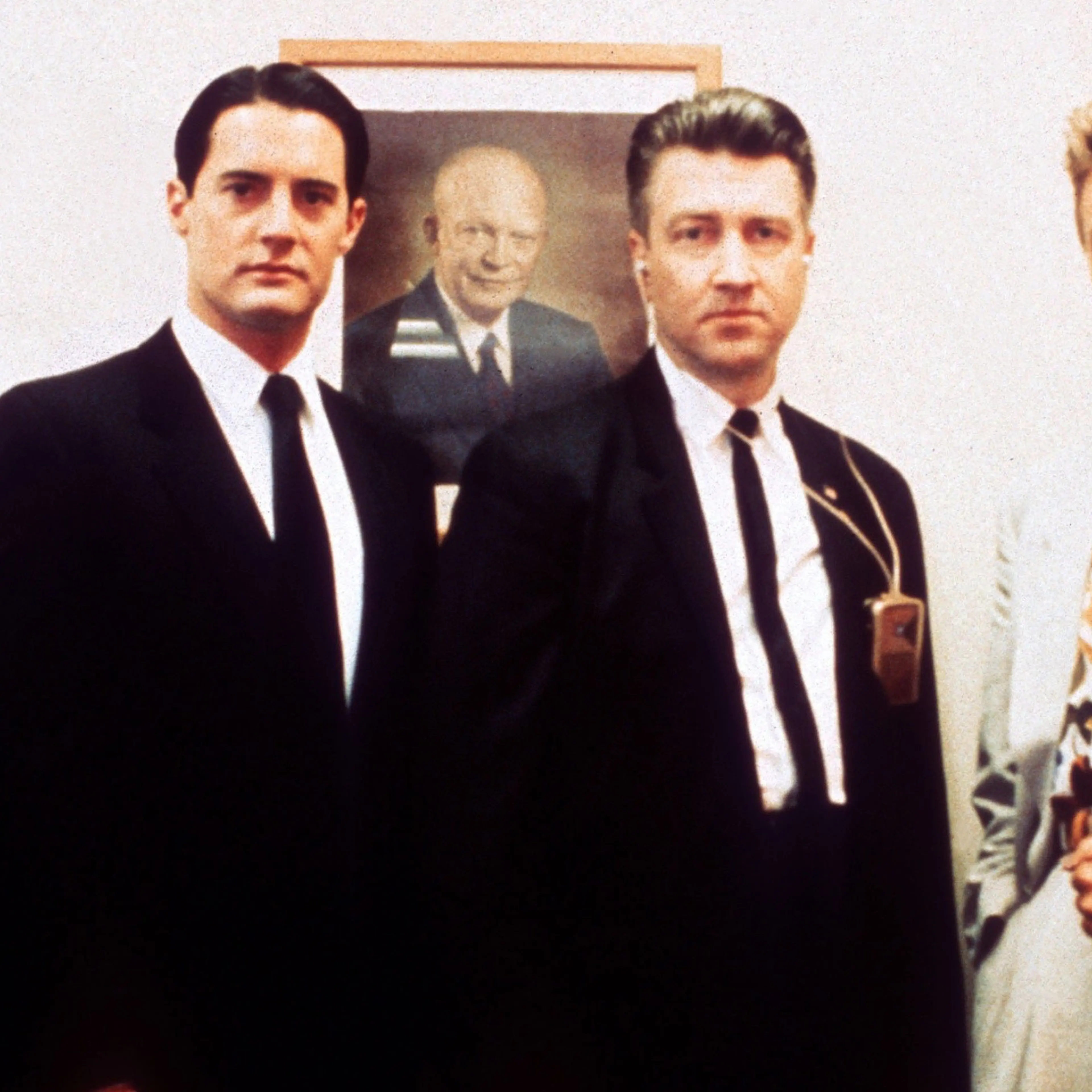 From left: Miguel Ferrer, Kyle MacLachlan, David Lynch, and David Bowie on the set of Twin Peaks: Fire Walk with Me in 1991.