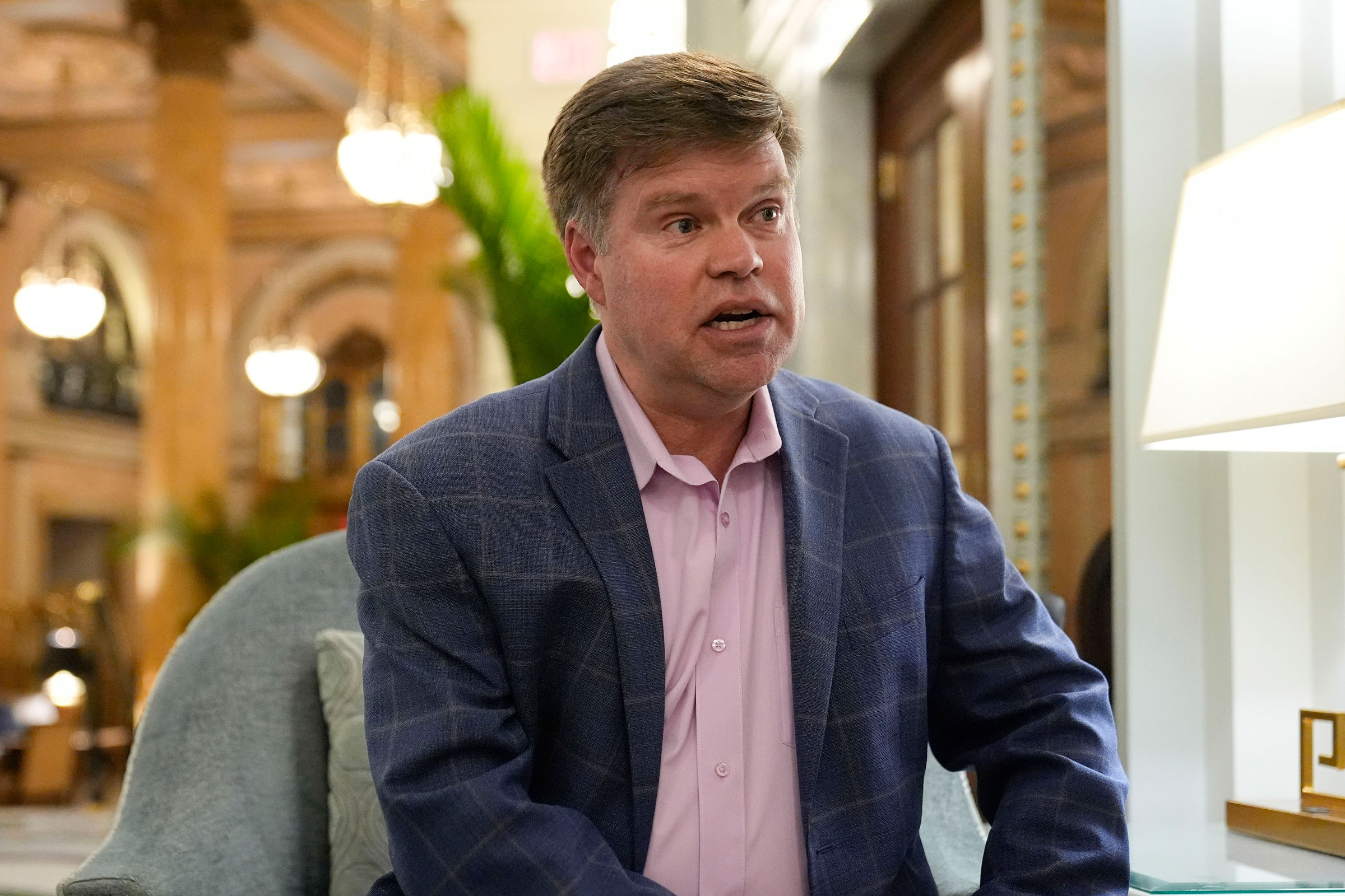 Democratic presidential candidate Jason Palmer speaks during an interview at a hotel in Washington, D.C., on March 5, 2024.