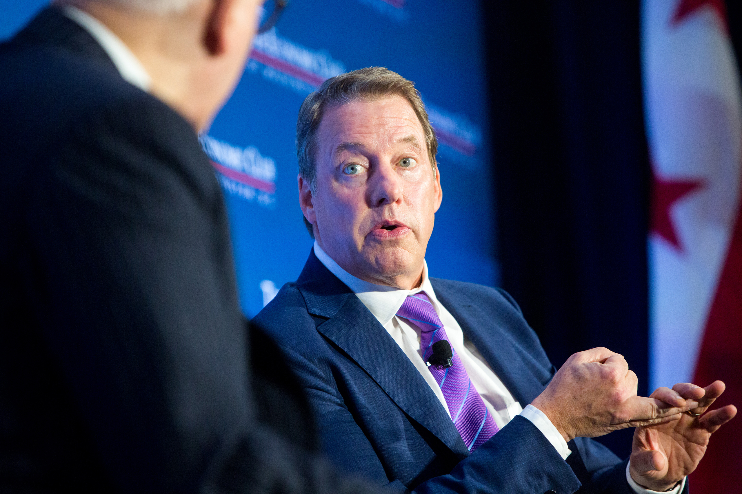 WASHINGTON, DC - OCTOBER 5: Ford Chairman Bill Ford, right, and David M. Rubenstein, President of the Economic Club of Washington, D.C., address the Club during a luncheon at the Ronald Reagan building on October 5, 2016, in Washington, D.C. (Photo by Al