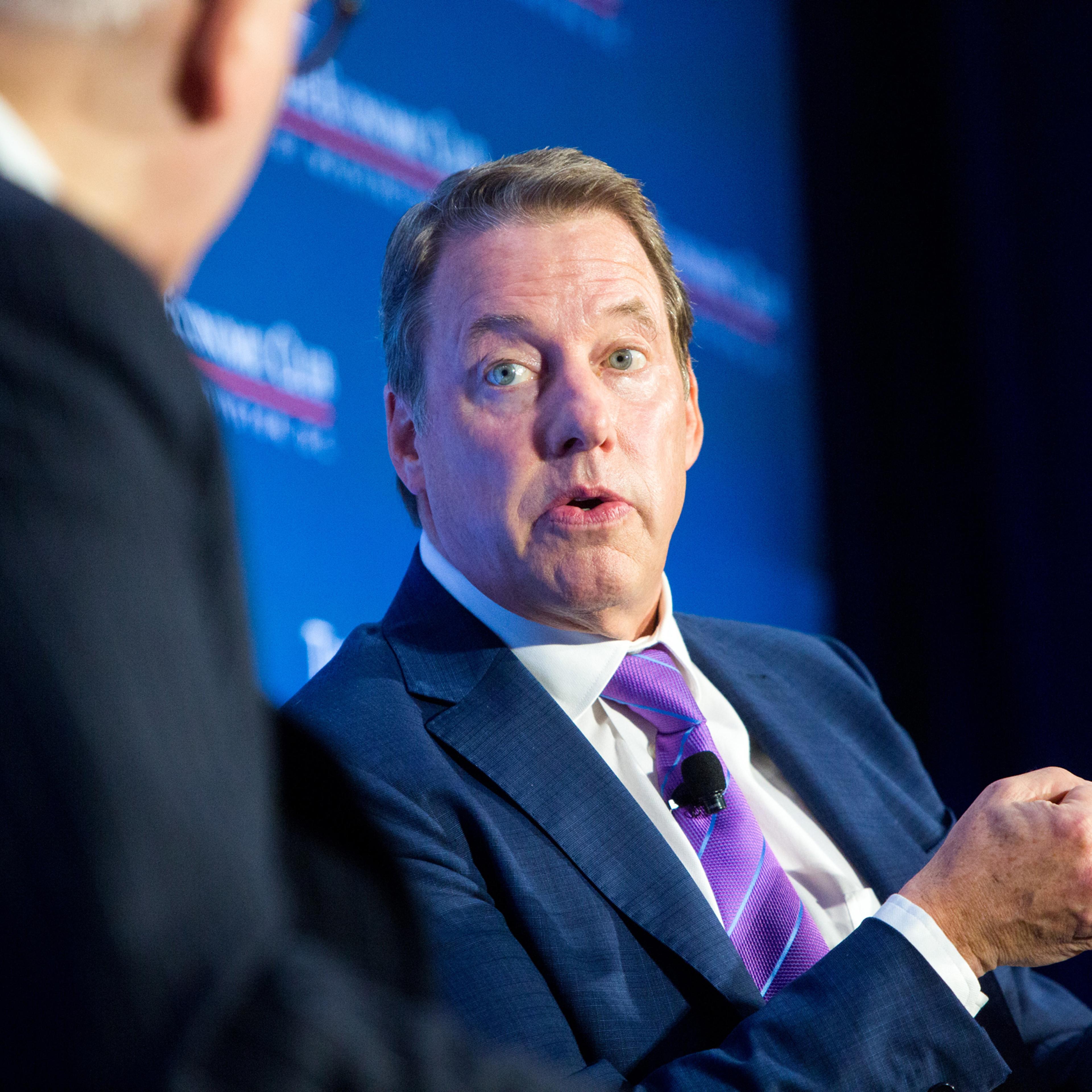 WASHINGTON, DC - OCTOBER 5: Ford Chairman Bill Ford, right, and David M. Rubenstein, President of the Economic Club of Washington, D.C., address the Club during a luncheon at the Ronald Reagan building on October 5, 2016, in Washington, D.C. (Photo by Al