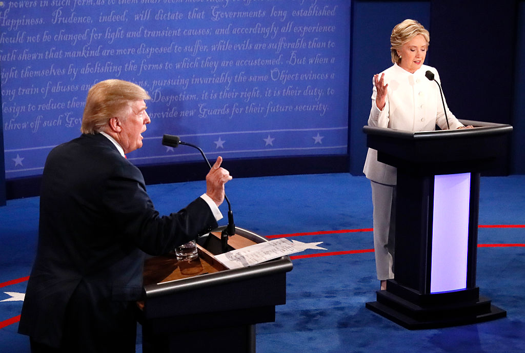 Republican nominee Donald Trump and Democratic nominee Hillary Clinton speak during the final presidential debate at the University of Las Vegas in Las Vegas, Nevada on Oct. 19, 2016.
