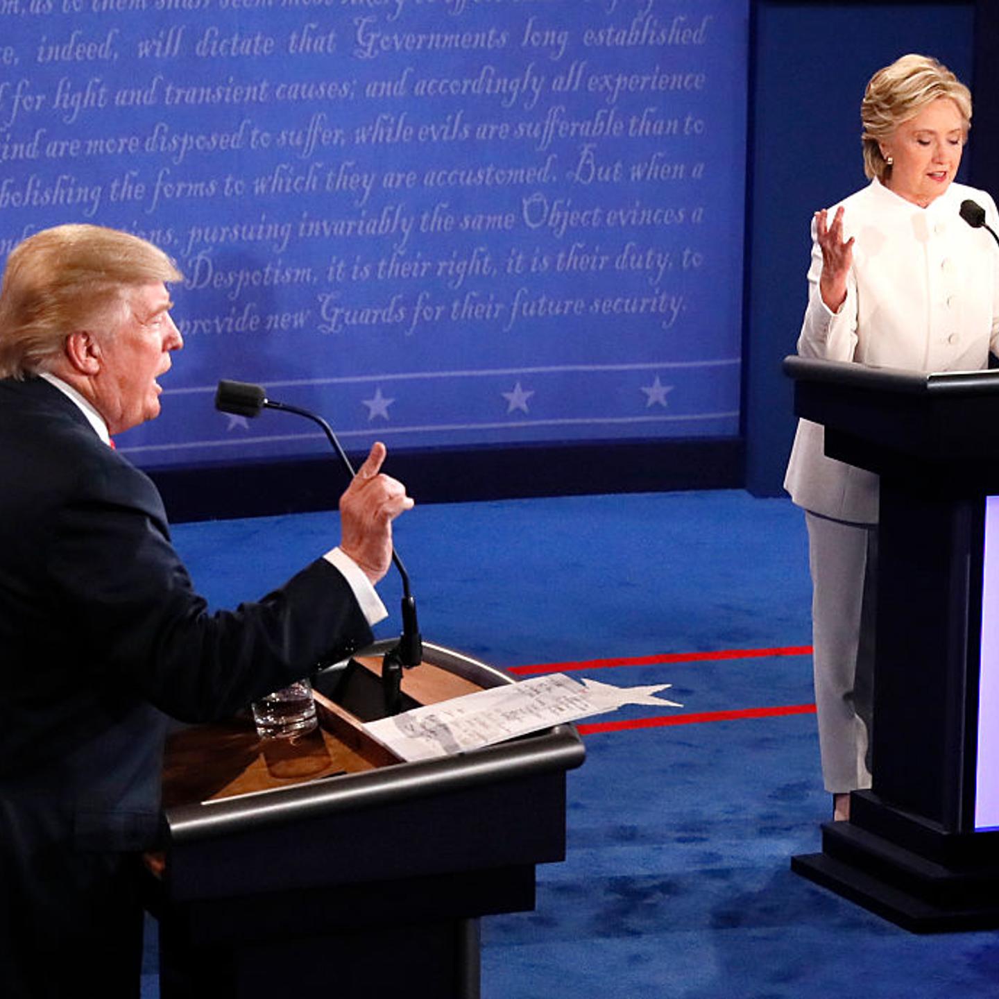 Republican nominee Donald Trump and Democratic nominee Hillary Clinton speak during the final presidential debate at the University of Las Vegas in Las Vegas, Nevada on Oct. 19, 2016.