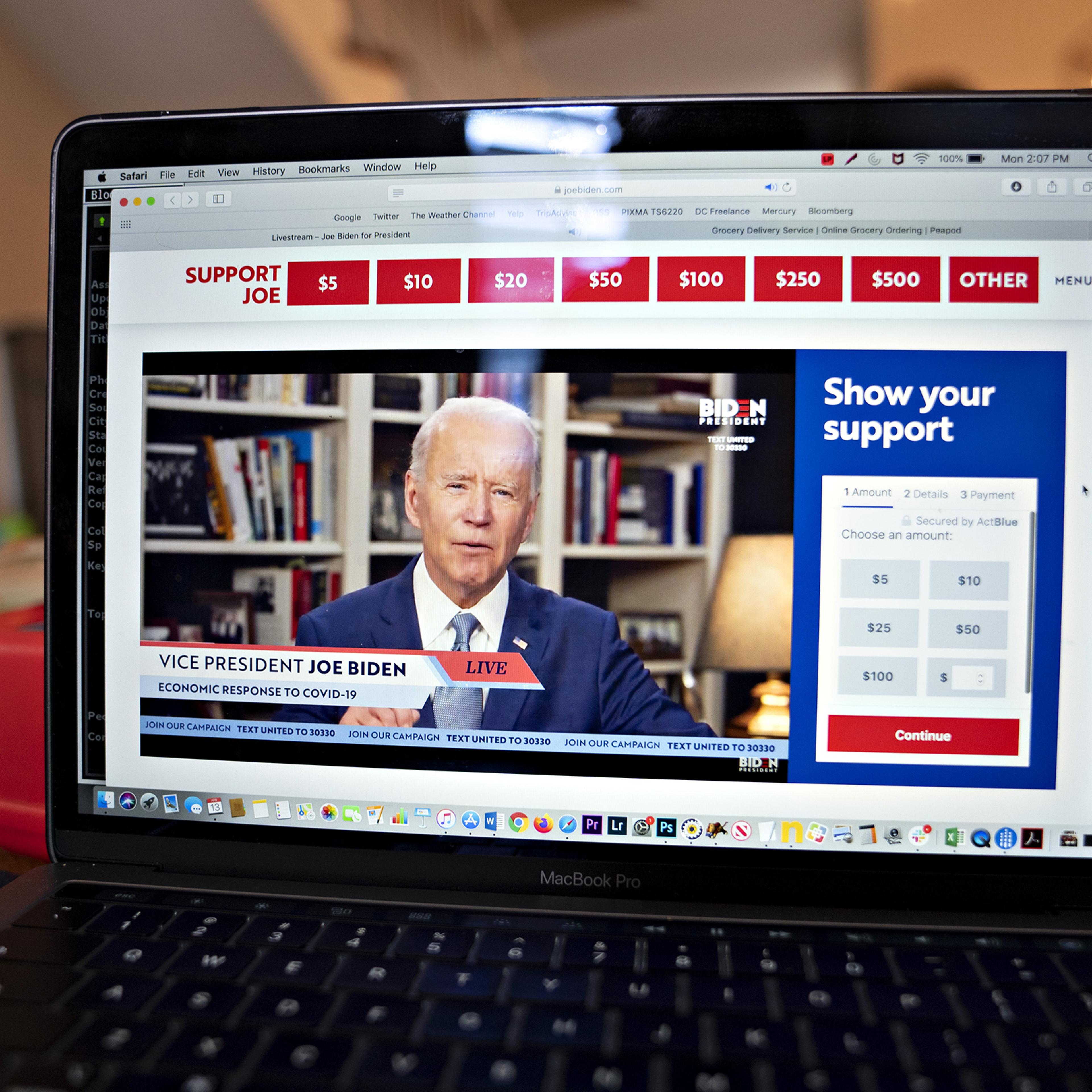 Former Vice President Joe Biden, presumptive Democratic presidential nominee, speaks during a virtual event seen on an Apple Inc. laptop computer in Arlington, Virginia, on April 13