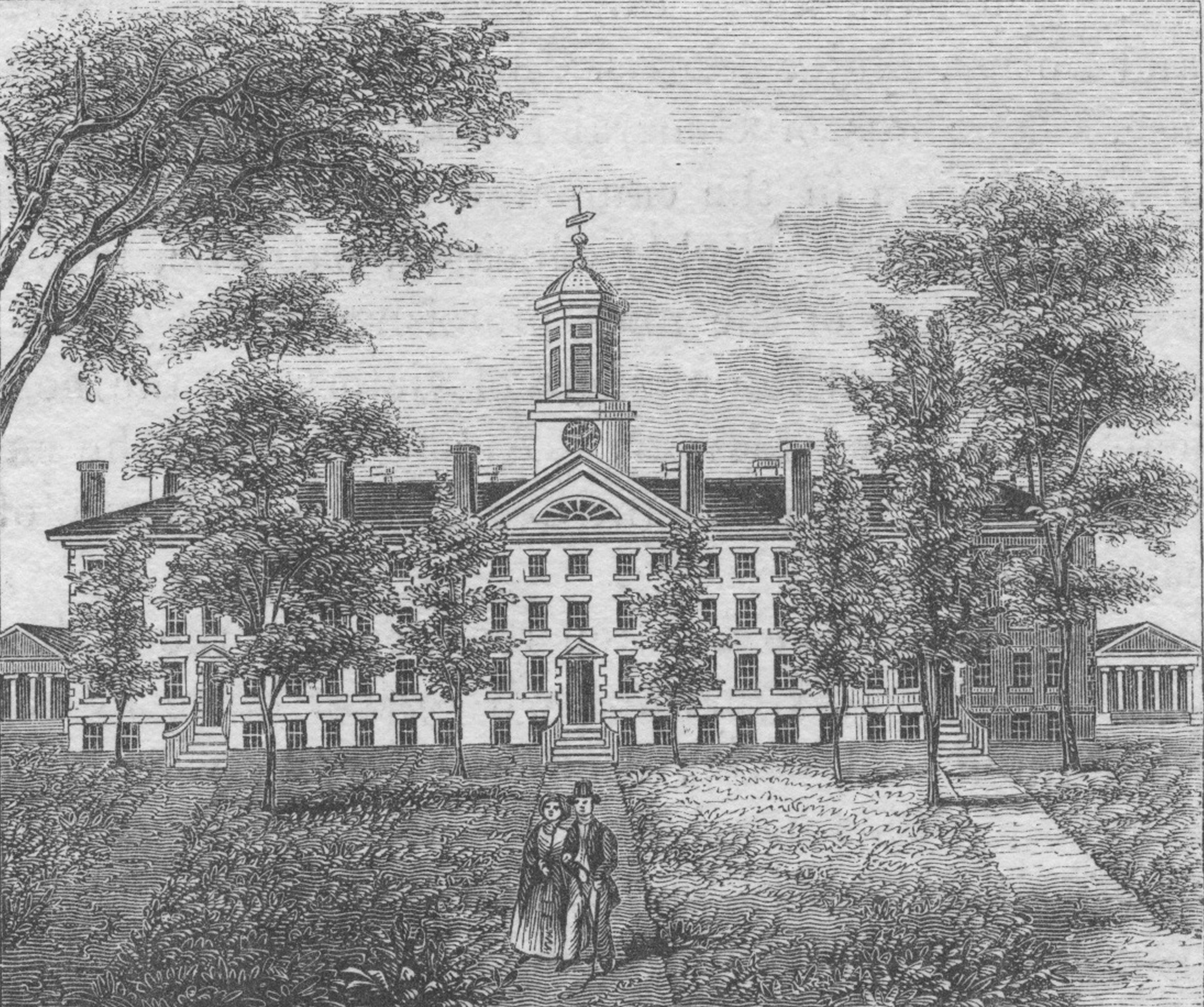An engraving (circa 1800) depicting the exterior of Nassau Hall at Princeton University, which was constructed in 1756 and is the oldest building on the campus. 
