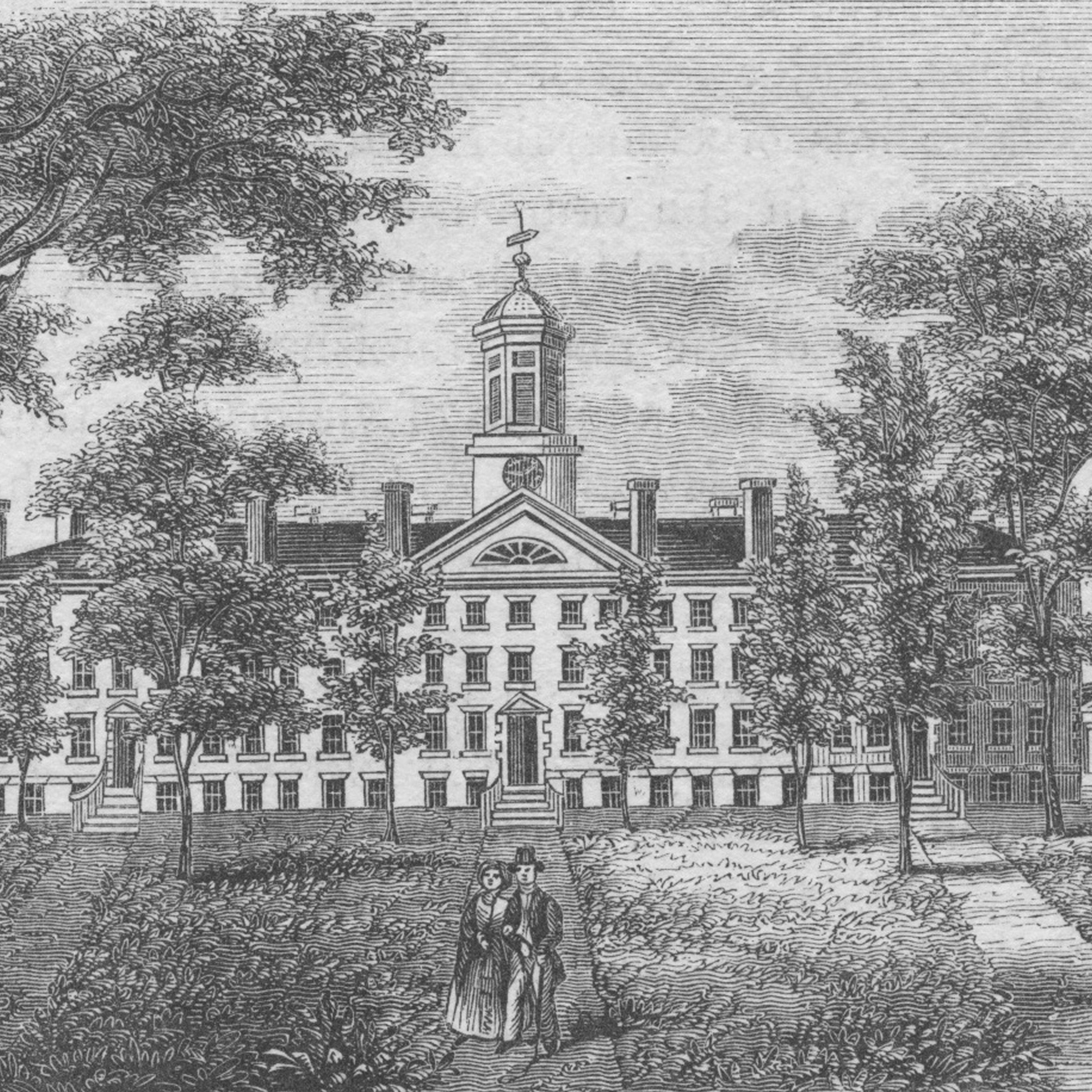 An engraving (circa 1800) depicting the exterior of Nassau Hall at Princeton University, which was constructed in 1756 and is the oldest building on the campus.