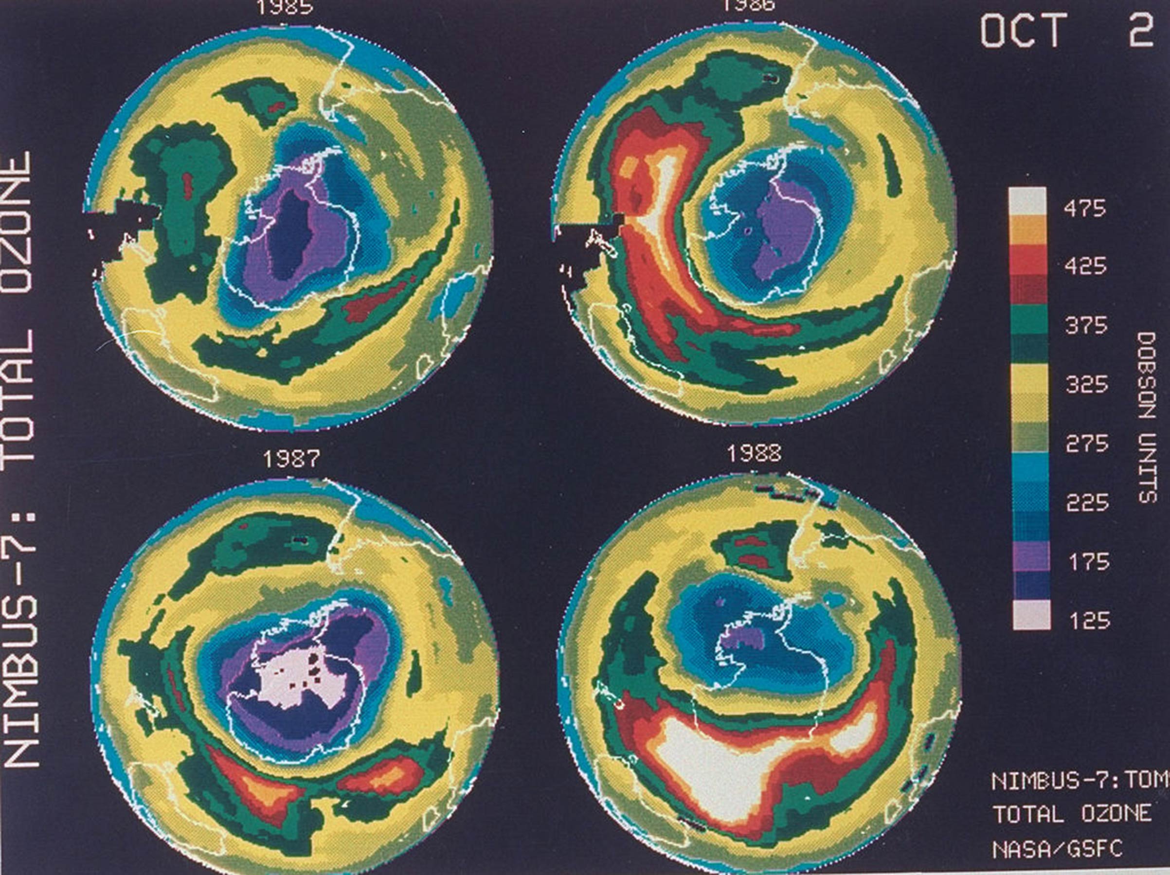 Four false-color computer images created from pictures taken by NASA's NIMBUS-7 satellite showing ozone distribution over period of four years from 1985 to 1988, all on the date of Octobor 2nd. 