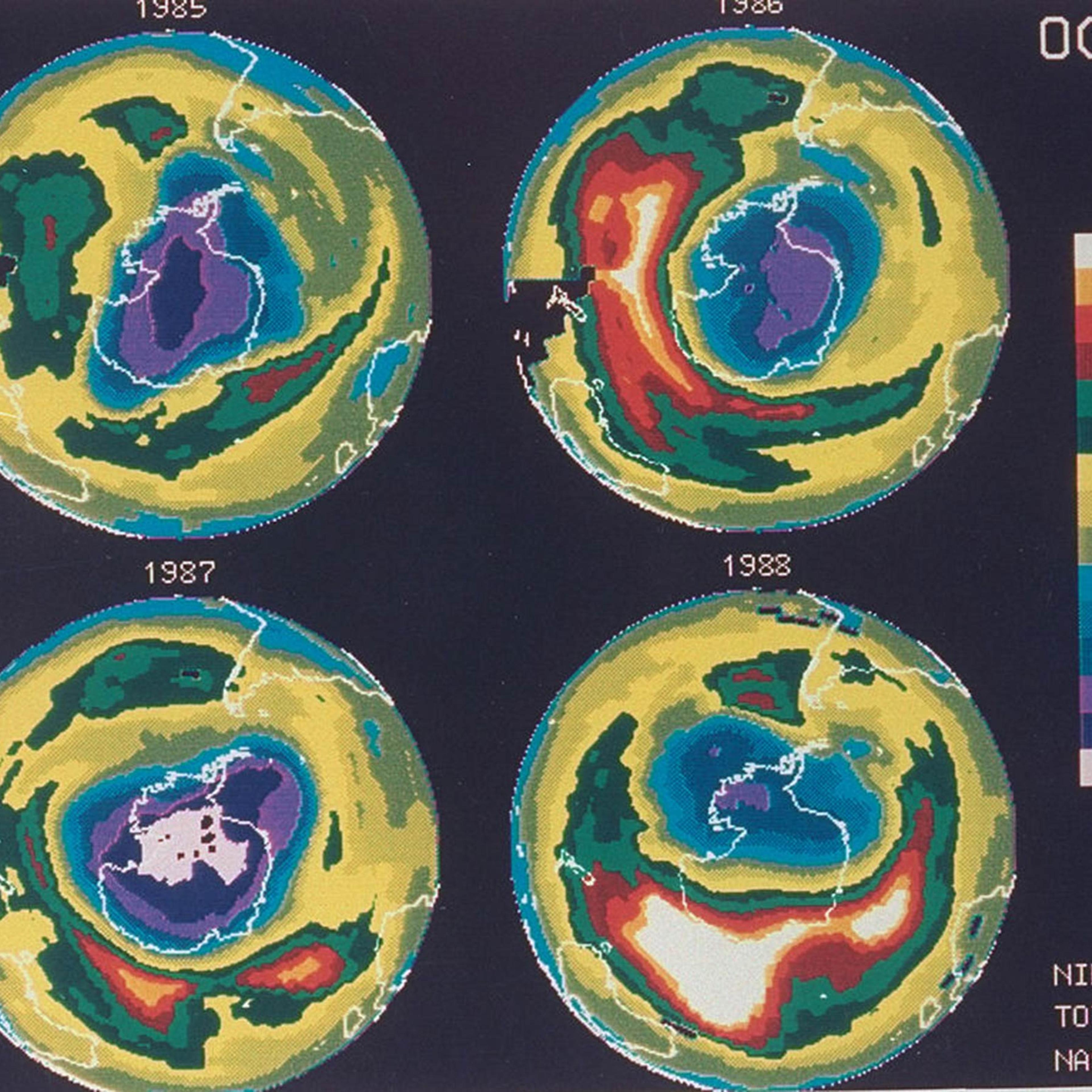 Four false-color computer images created from pictures taken by NASA's NIMBUS-7 satellite showing ozone distribution over period of four years from 1985 to 1988, all on the date of Octobor 2nd.
