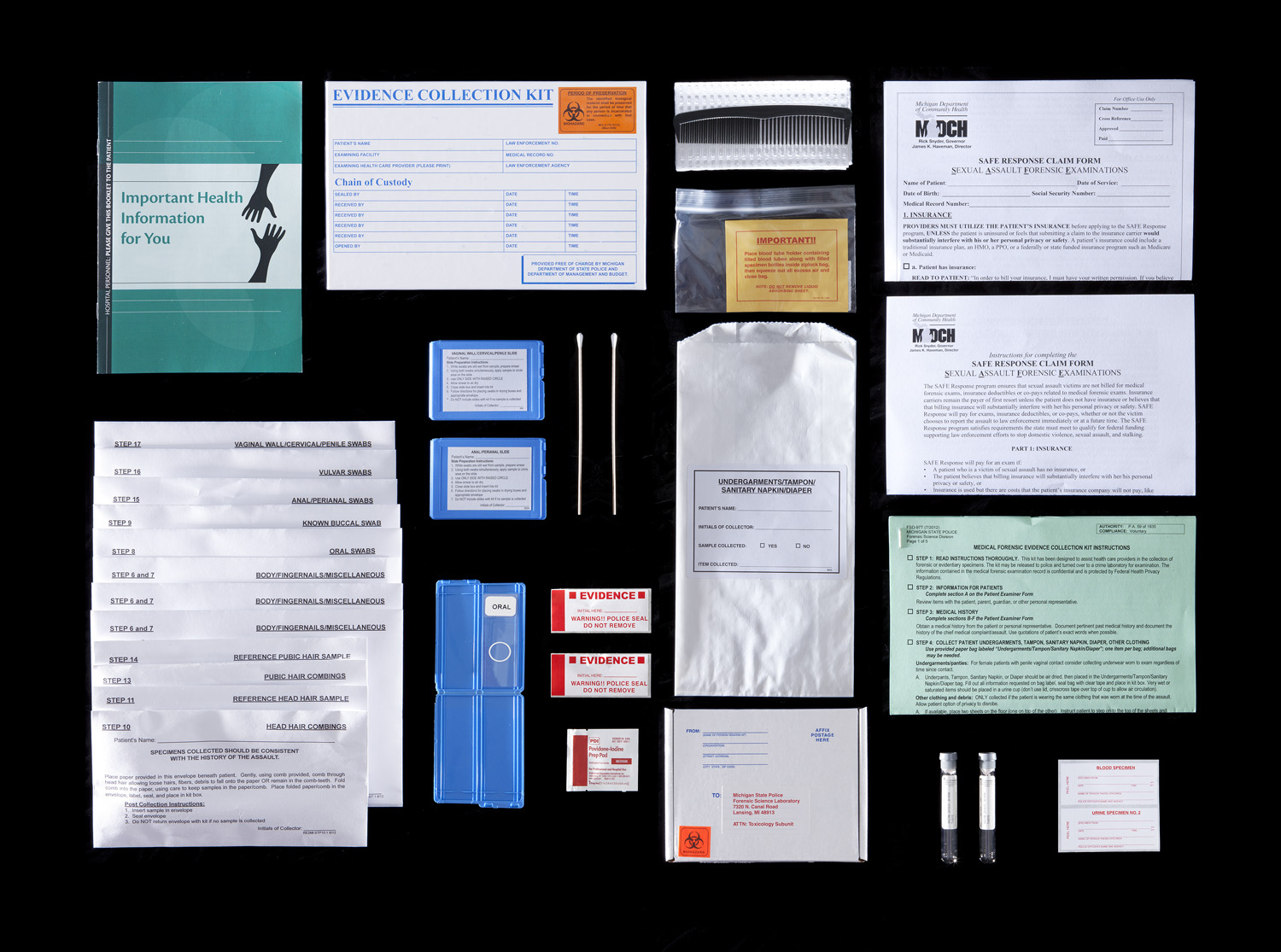 In a sexual-assault case, forensics technicians collect evidence from the most intimate parts of a survivor’s body. Assembling a rape kit involves a head-to-toe exam and includes swabs of any place the perpetrator may have left DNA in the form of semen, saliva, hair or skin cells. The victim is also extensively photographed and interviewed. The entire process can take up to four hours. 