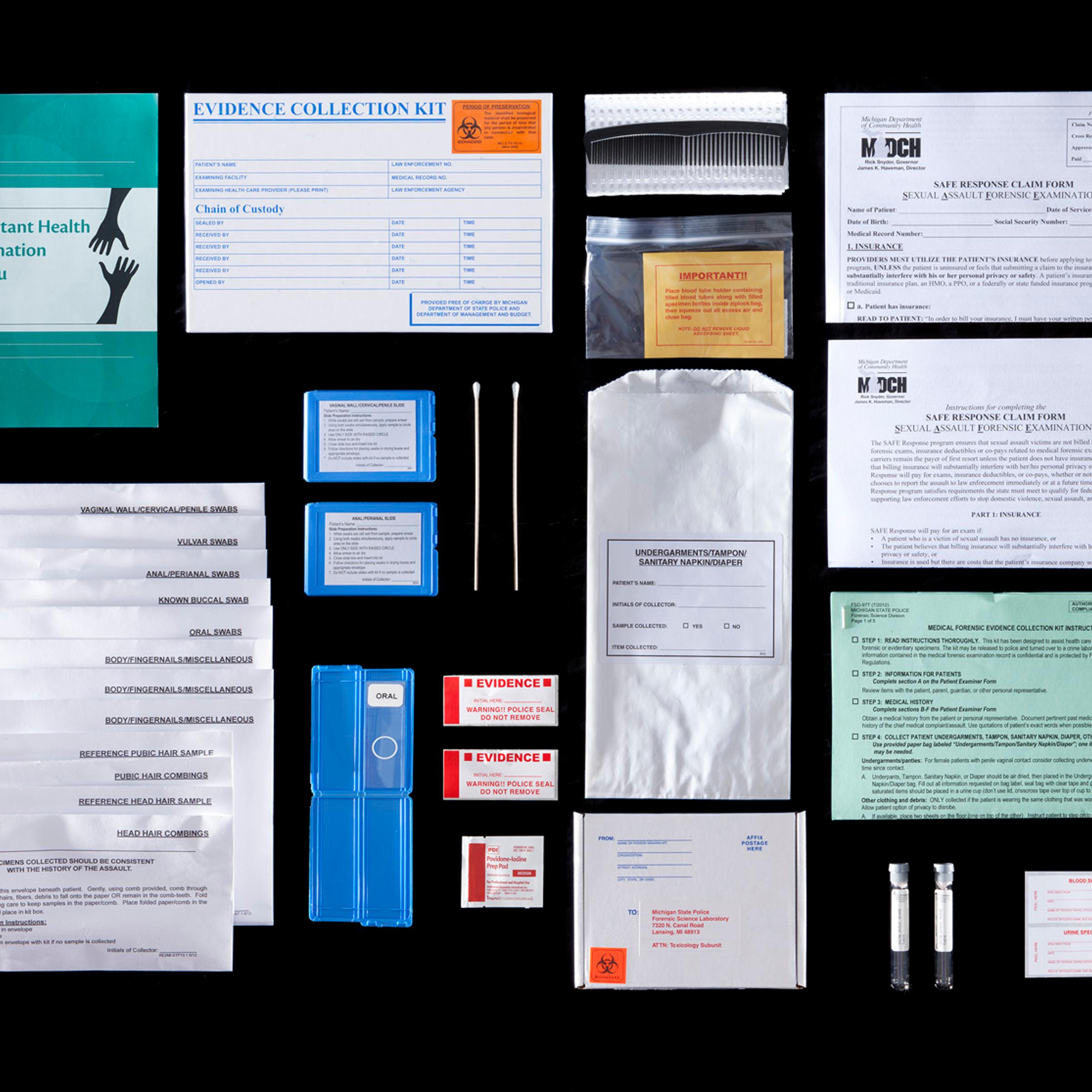 In a sexual-assault case, forensics technicians collect evidence from the most intimate parts of a survivor’s body. Assembling a rape kit involves a head-to-toe exam and includes swabs of any place the perpetrator may have left DNA in the form of semen, saliva, hair or skin cells. The victim is also extensively photographed and interviewed. The entire process can take up to four hours.