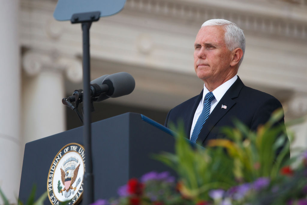 Vice President Mike Pence delivers remarks inside the Amphitheater during a Memorial Day event at Arlington National Cemetery in Arlington