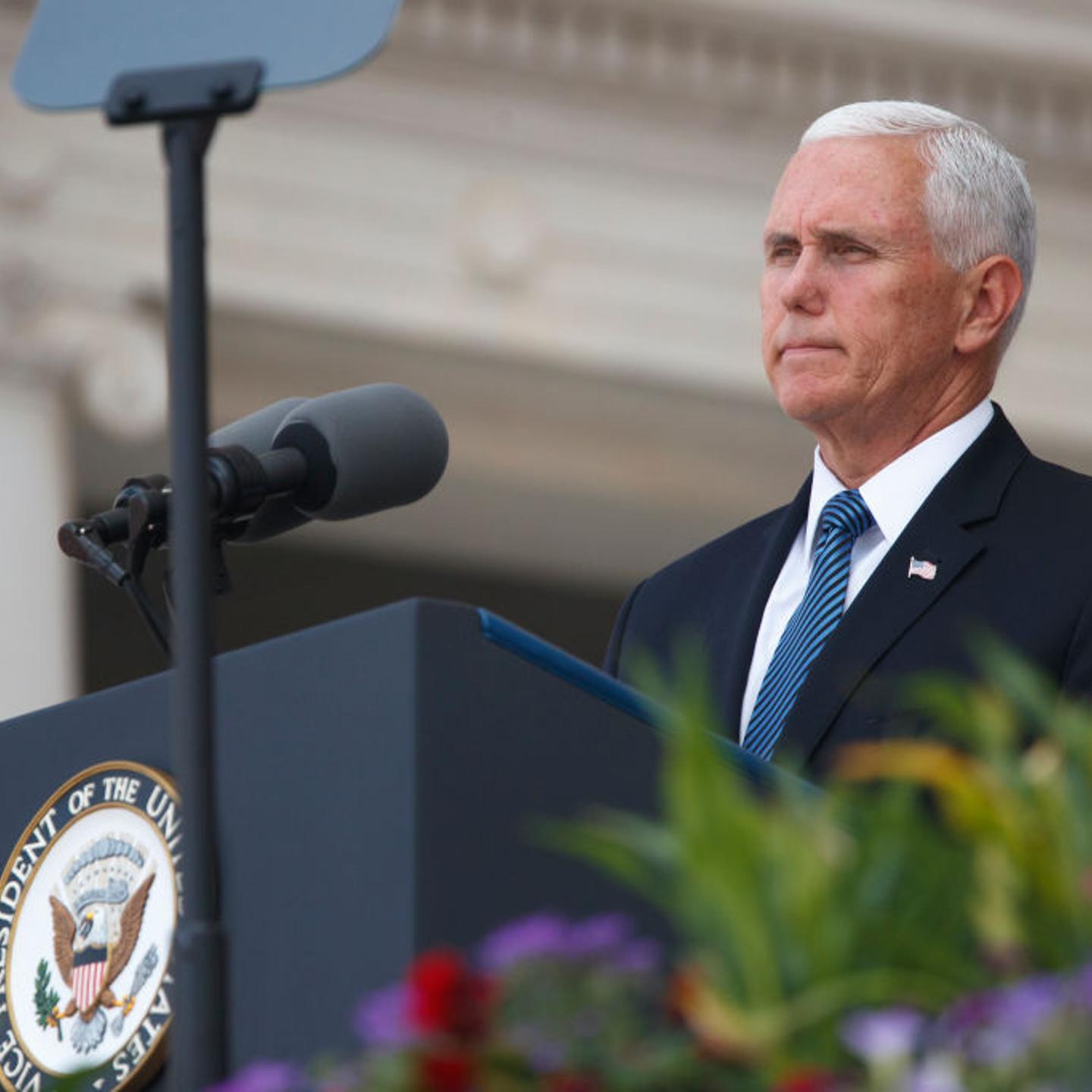 Vice President Mike Pence delivers remarks inside the Amphitheater during a Memorial Day event at Arlington National Cemetery in Arlington