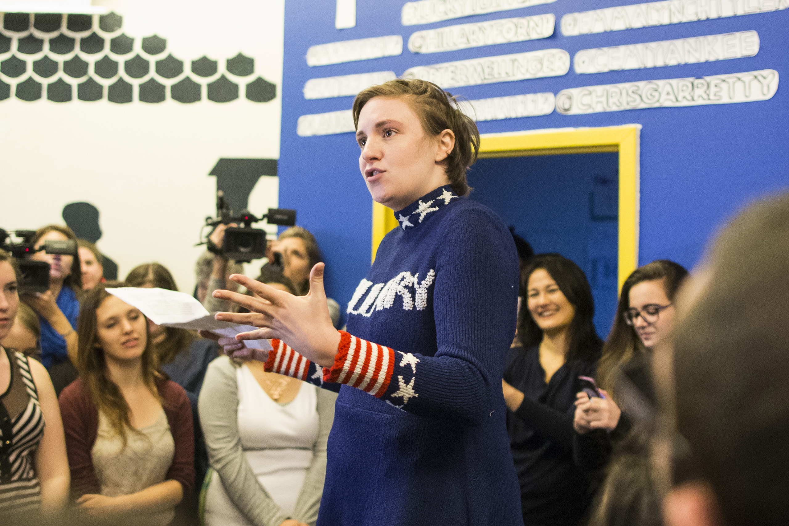Lena Dunham speaks to a crowd at a Hillary Clinton campaign office in Manchester, New Hampshire on Jan. 8, 2016.
