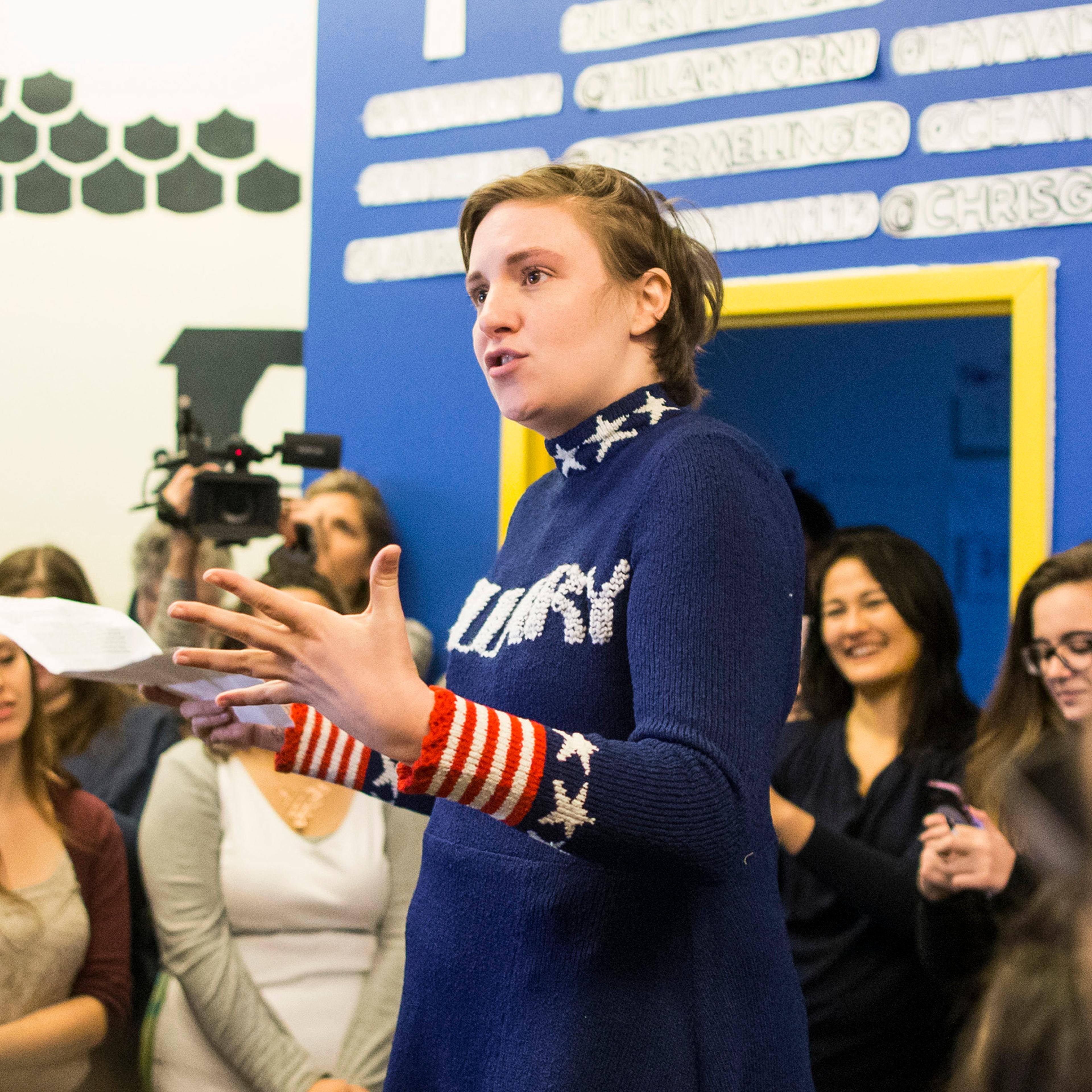 Lena Dunham speaks to a crowd at a Hillary Clinton campaign office in Manchester, New Hampshire on Jan. 8, 2016.