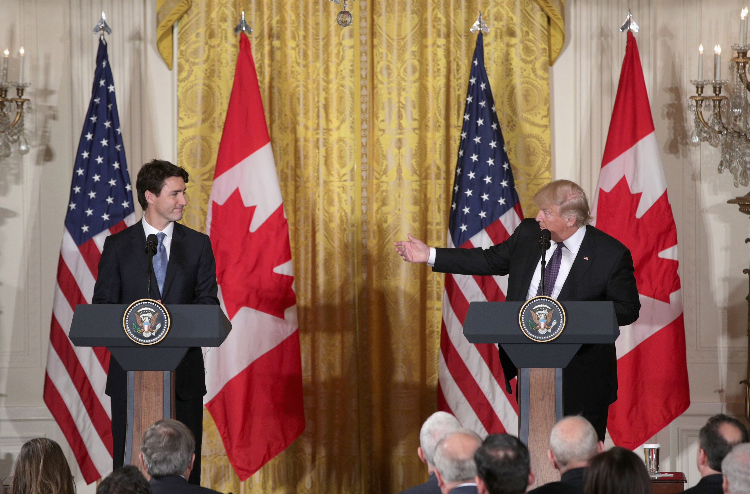 WASHINGTON, DC - FEBRUARY 13: U.S. President Donald Trump (R) and Canadian Prime Minister Justin Trudeau participate in a joint news conference in the East Room of the White House on February 13, 2017 in Washington, DC. The two leaders participated in a 