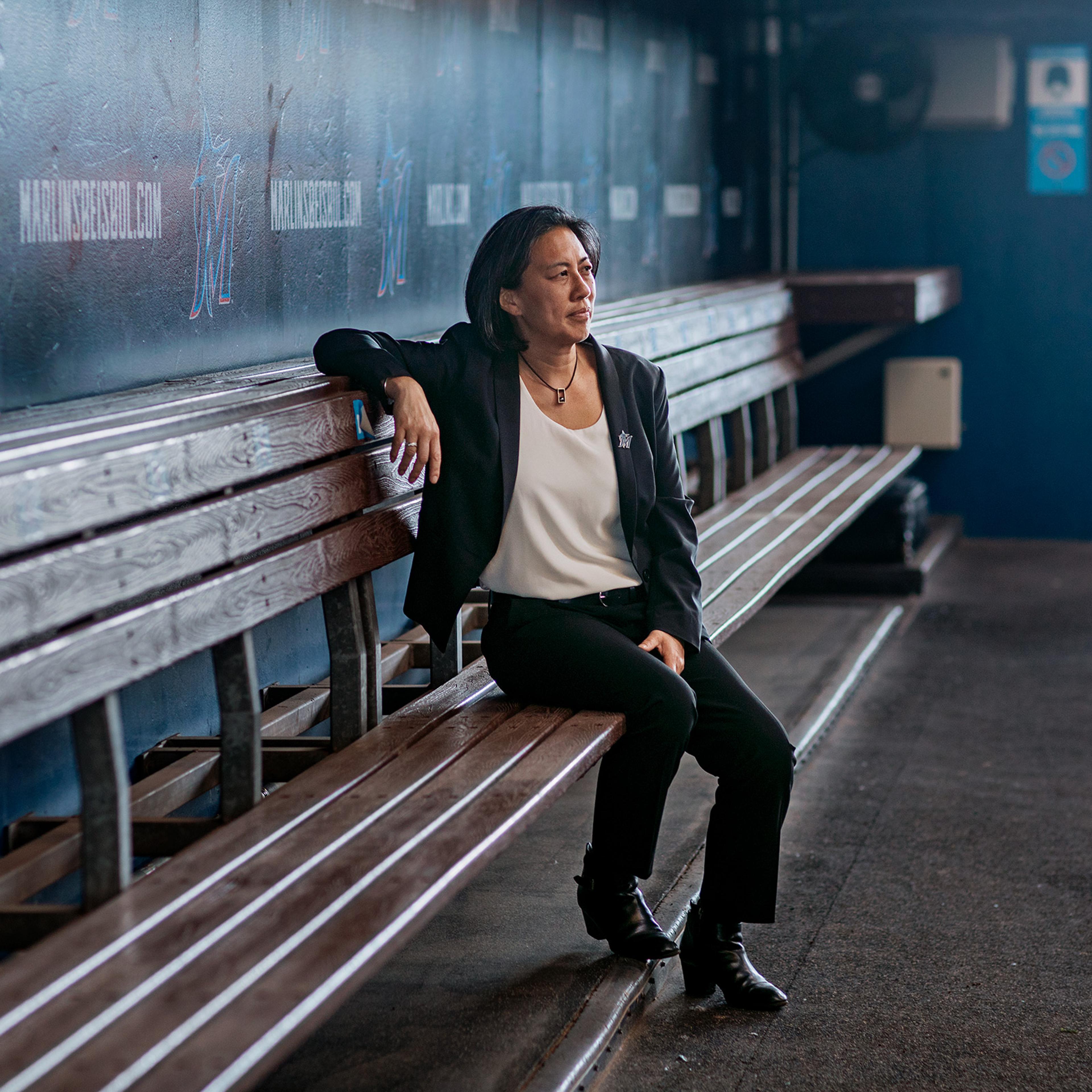 Kim Ng in the dugout of Marlins Park in Miami on Feb. 9