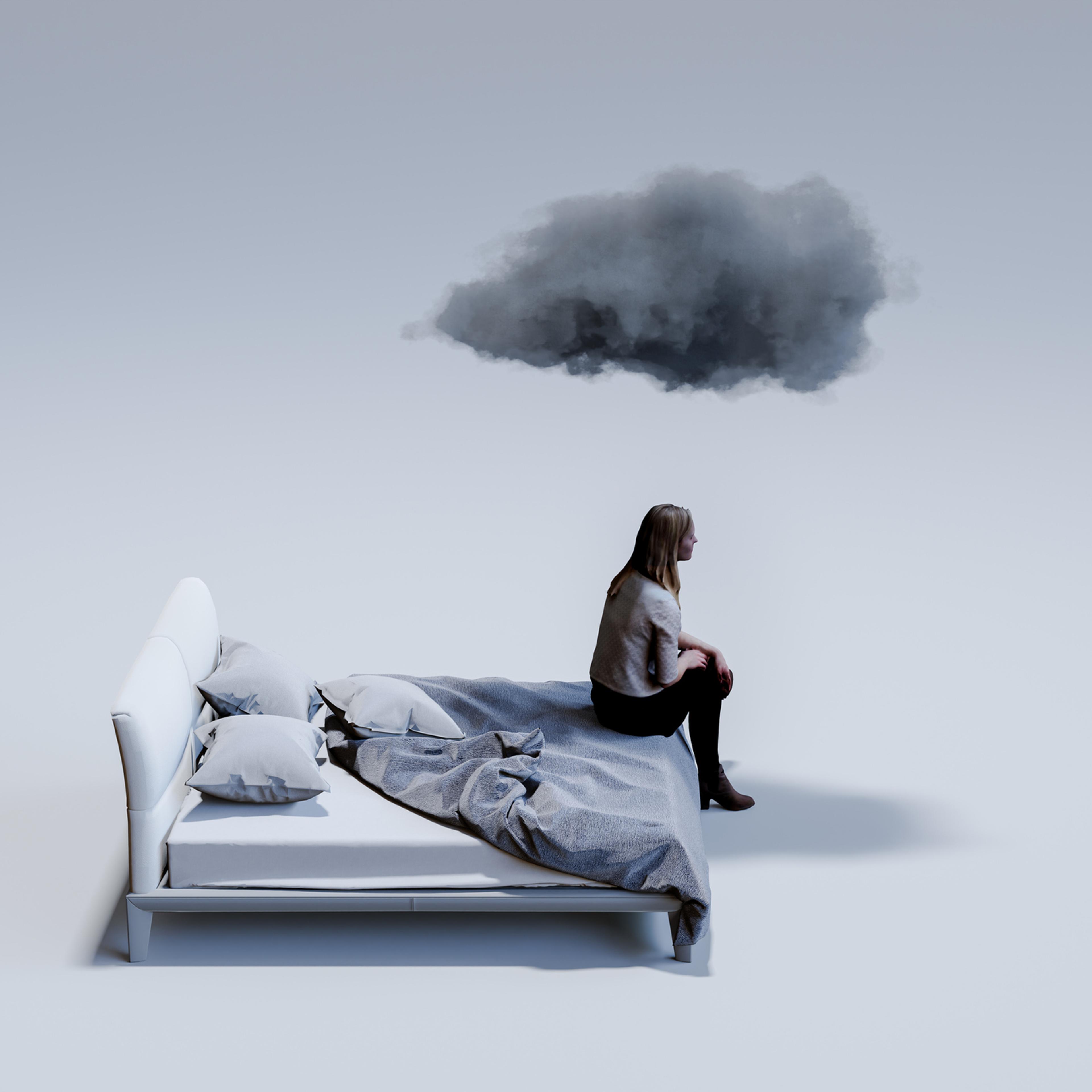 Sad mid adult woman sitting on corner of double bed with dark cloud above head.
