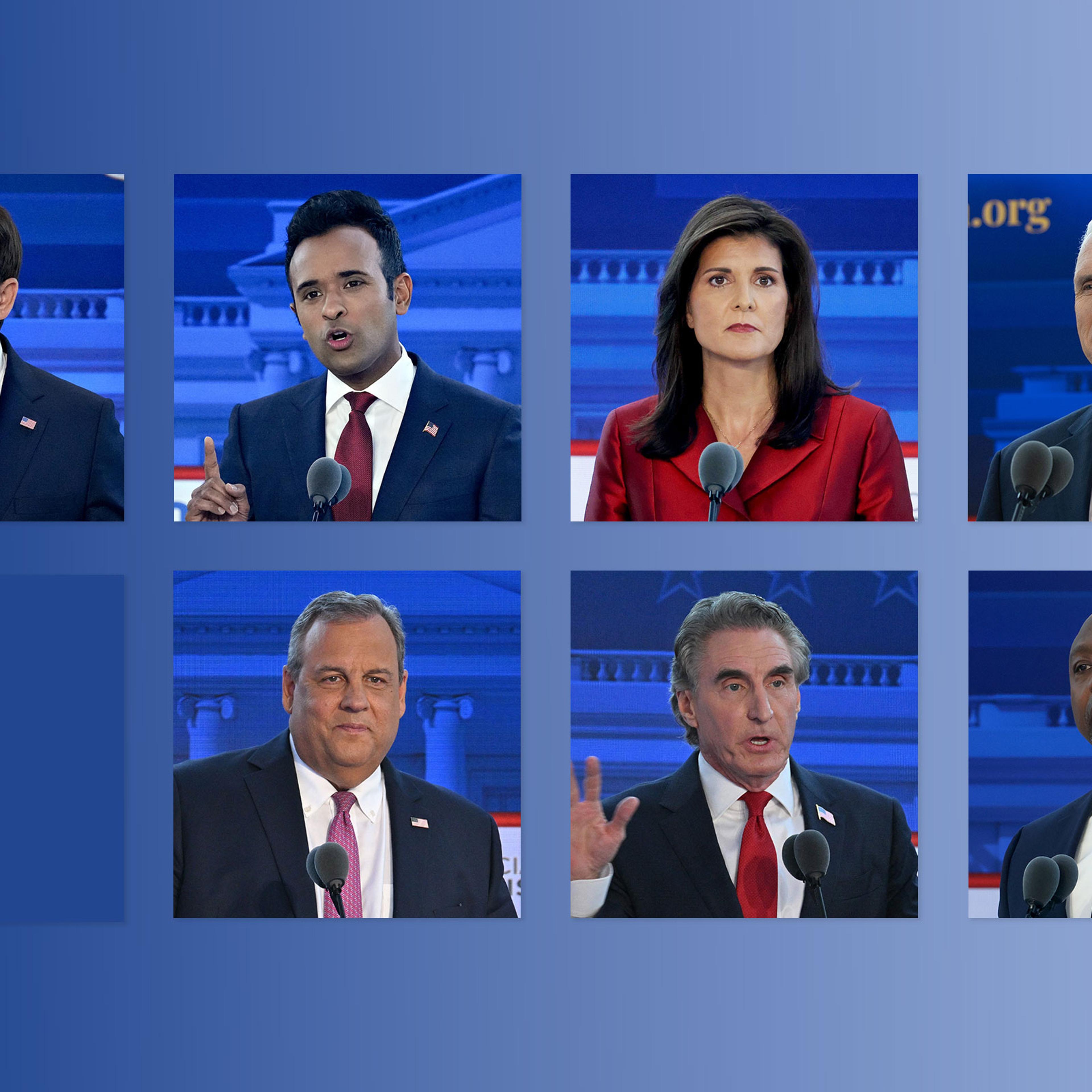 Florida Governor Ron DeSantis; Vivek Ramaswamy; Former U.N. Ambassador Nikki Haley; Former Vice President Mike Pence; Former Governor of New Jersey Chris Christie; North Dakota Governor Doug Burgum; Sen. Tim Scott