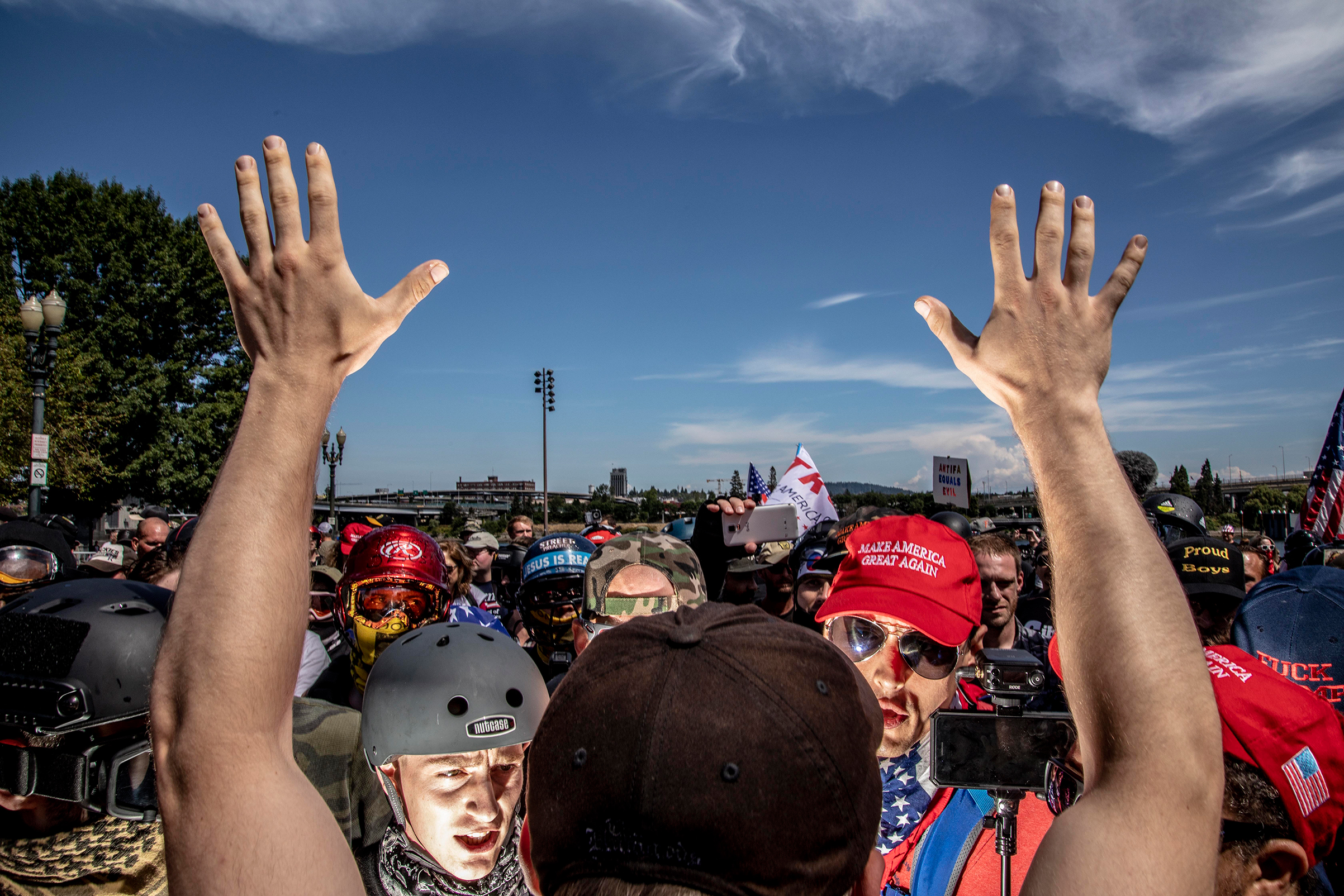 Patriot Prayer, a right-wing group, held a rally in Portland, Ore., where they were met by anti-fascist counter-protesters, on Aug. 4, 2018.