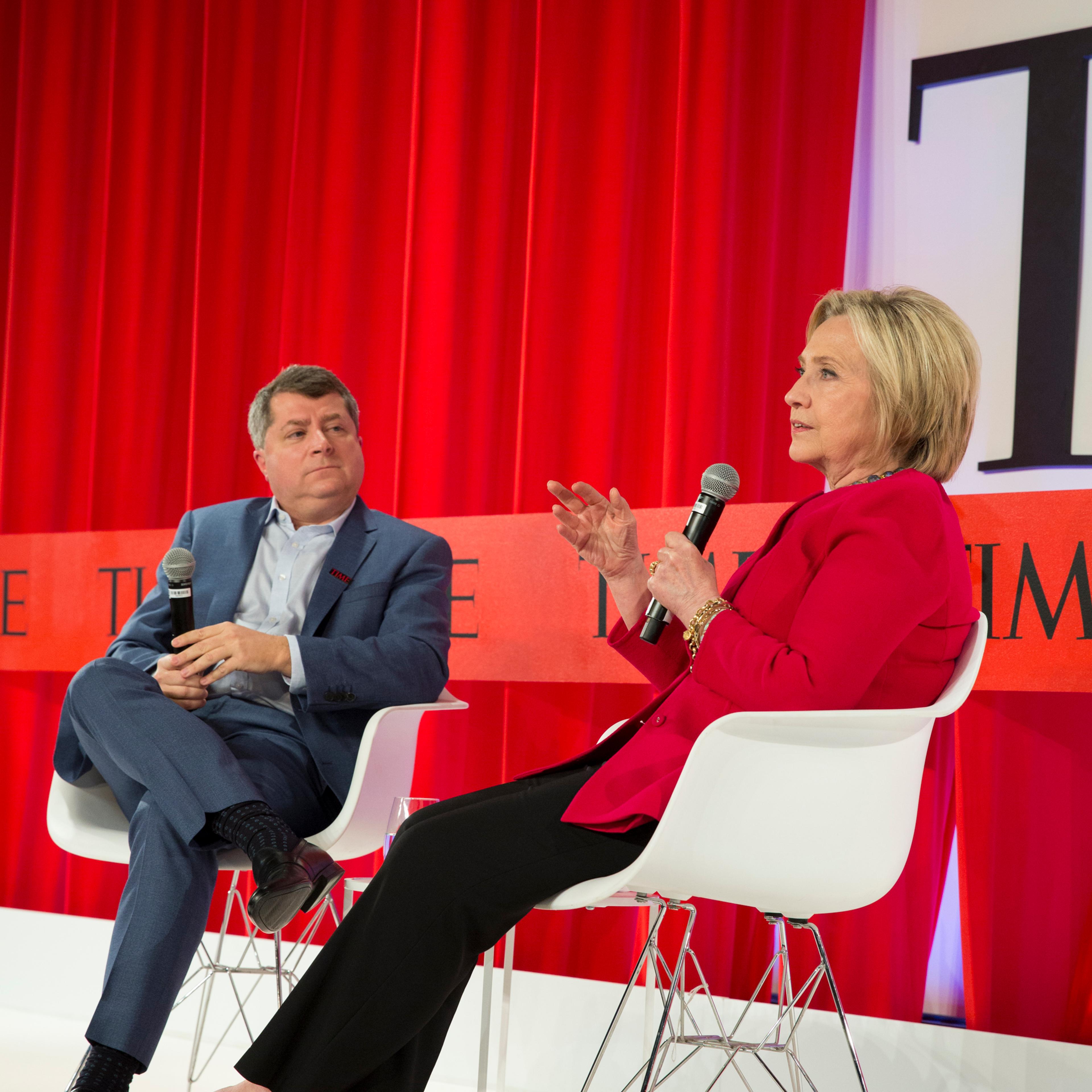 Former U.S. Secretary of State Hillary Clinton talks to Editor-in-Chief and CEO of TIME Edward Felsenthal about creating a better future at the TIME 100 Summit in New York, on April 23, 2019.