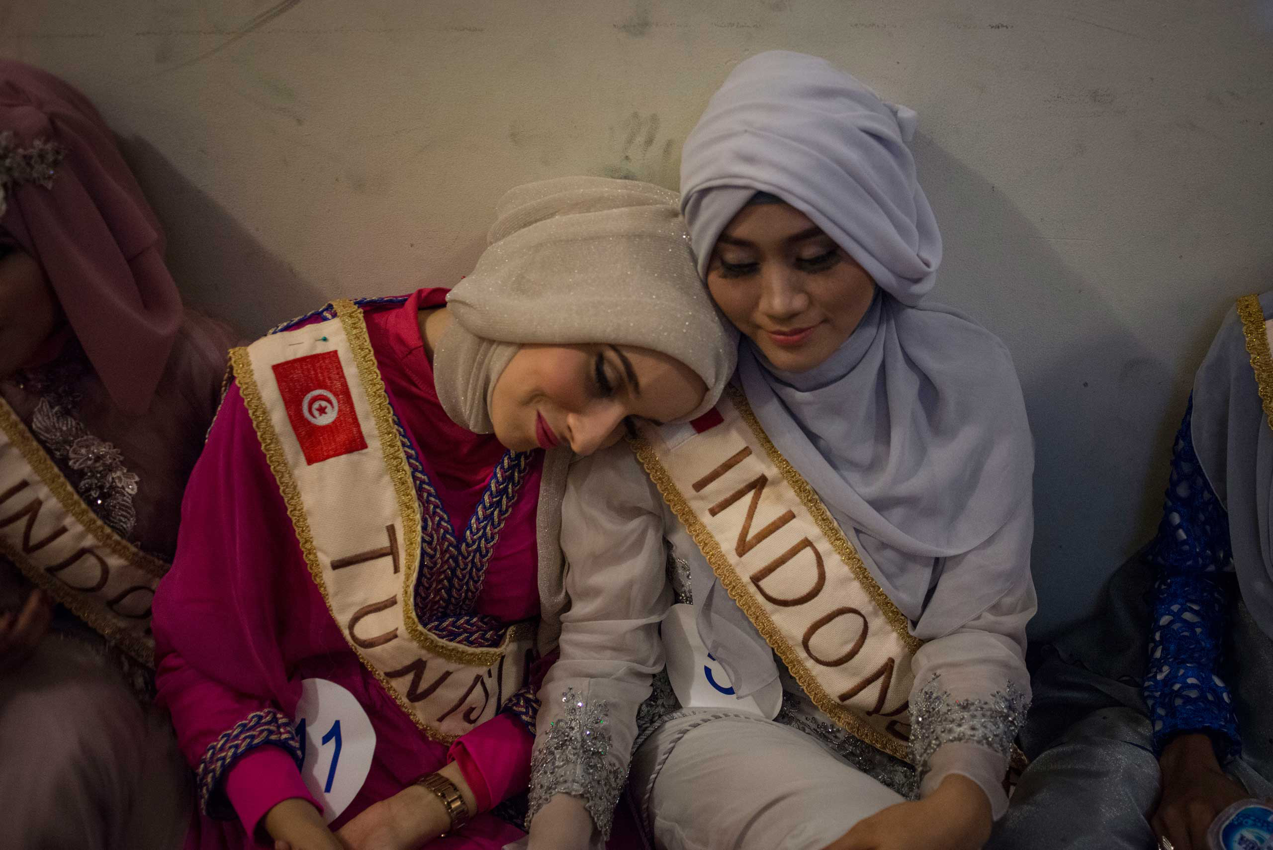 The Grand Finale of the Miss Muslimah World Competition, backstage the girls are anxious and exhausted on November 21st, 2014 in Yogakarta, Indonesia. Pictured Muss Tunisia, Fatma Ben Guefrache, and Primadhita Rahma, one of the Indonesian finalists.Miss 