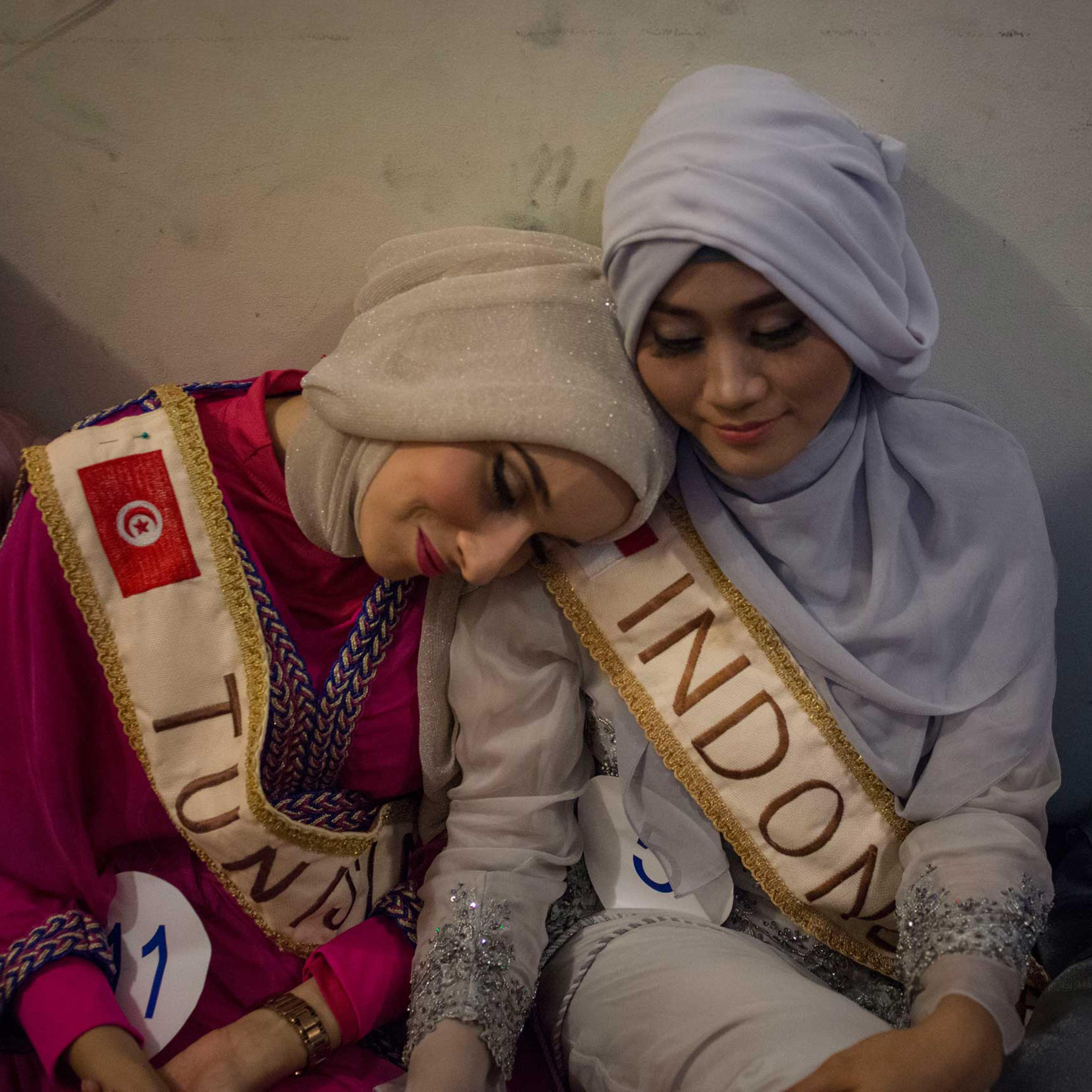 The Grand Finale of the Miss Muslimah World Competition, backstage the girls are anxious and exhausted on November 21st, 2014 in Yogakarta, Indonesia. Pictured Muss Tunisia, Fatma Ben Guefrache, and Primadhita Rahma, one of the Indonesian finalists.Miss