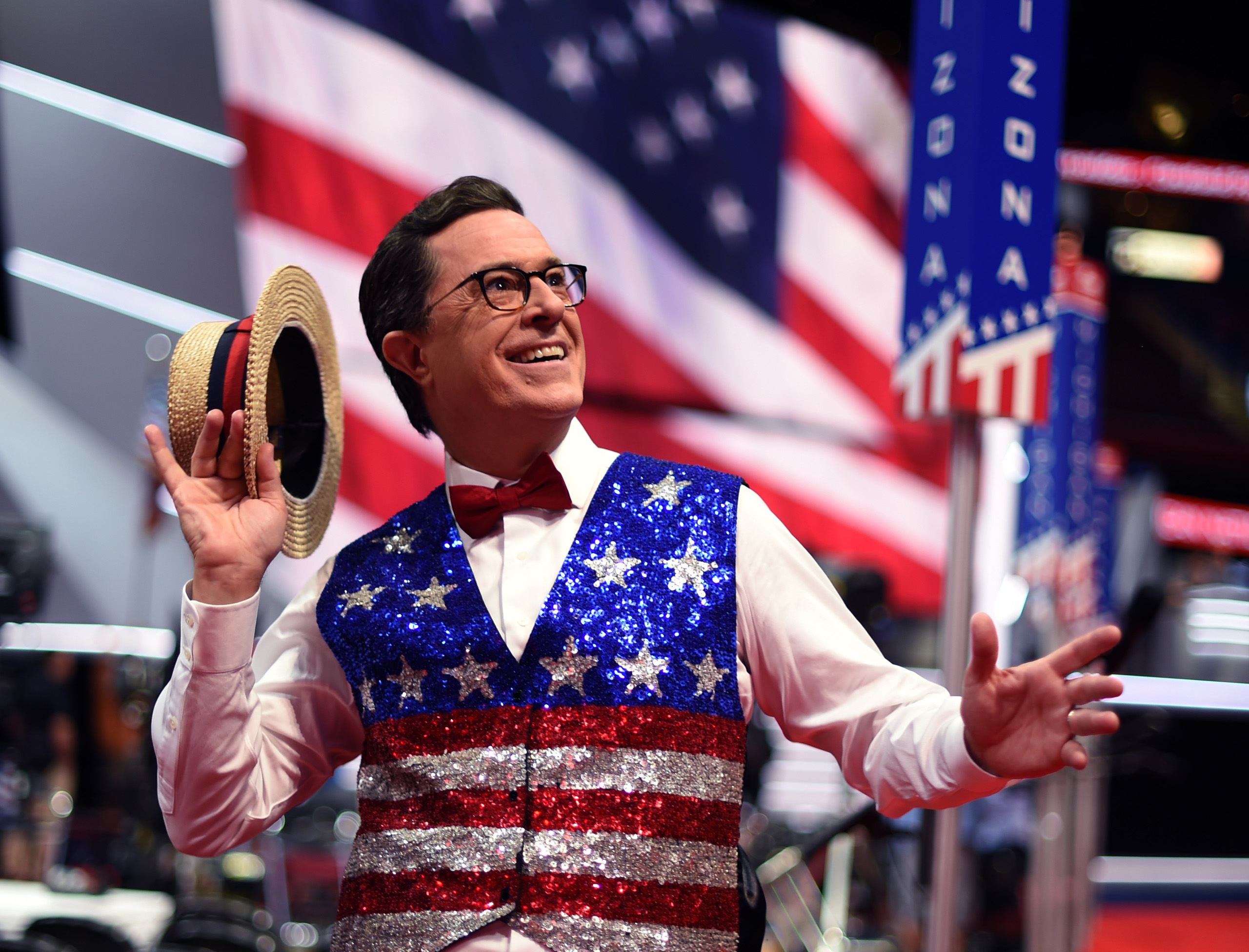 Comedian Stephen Colbert, host of 'The Late Show' tapes a segment for his show at the Quicken Loans Arena ahead of the Republican National Convention in Cleveland on July 17, 2016.