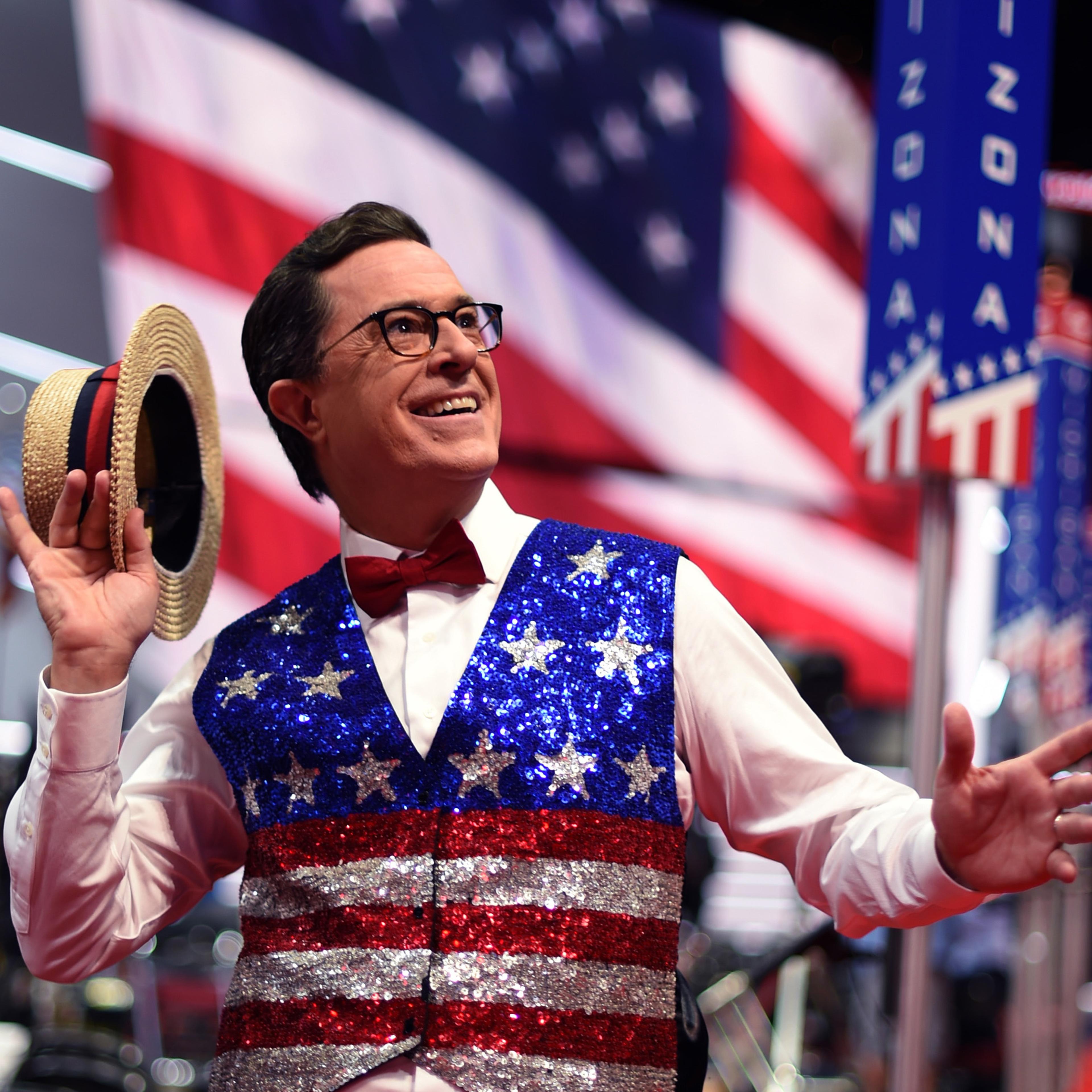 Comedian Stephen Colbert, host of 'The Late Show' tapes a segment for his show at the Quicken Loans Arena ahead of the Republican National Convention in Cleveland on July 17, 2016.