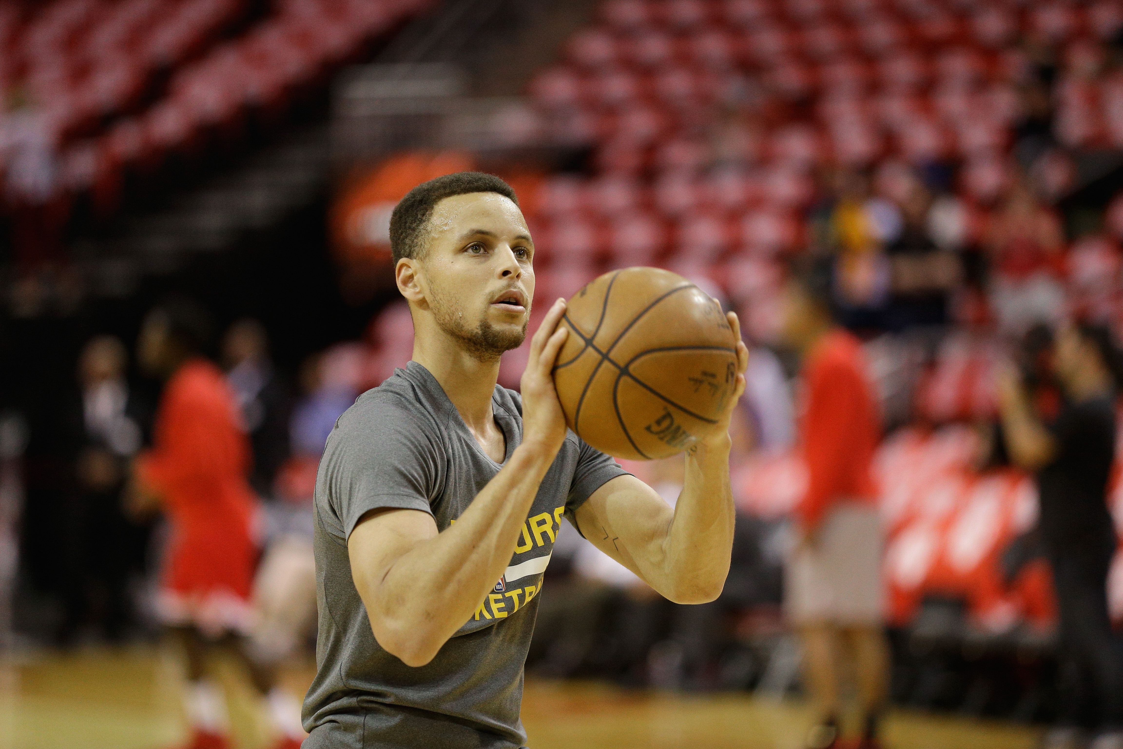 Stephen Curry #30 of the Golden State Warriors warms up before playing the Houston Rockets in game 4 of the first round of the Western Conference playoffs at Toyota Center on April 24, 2016 in Houston, Texas. 