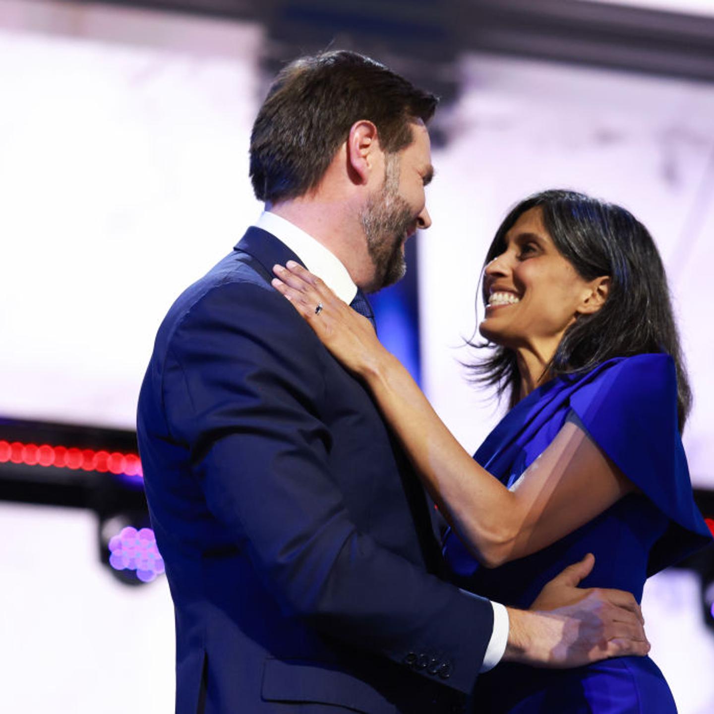 Republican vice presidential candidate, U.S. Sen. J.D. Vance (R-OH) is joined by his wife Usha Chilukuri Vance on stage on the third day of the Republican National Convention at the Fiserv Forum in Milwaukee, Wis. on July 17, 2024.
