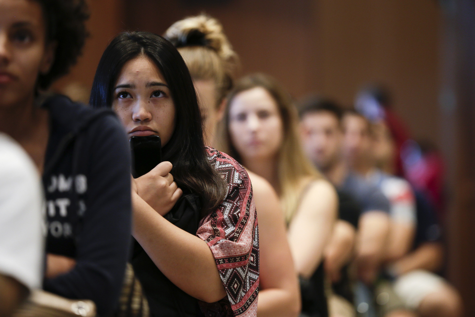 New students at San Diego State University watch a video on sexual consent during an orientation meeting, Aug. 1, 2014, in San Diego.