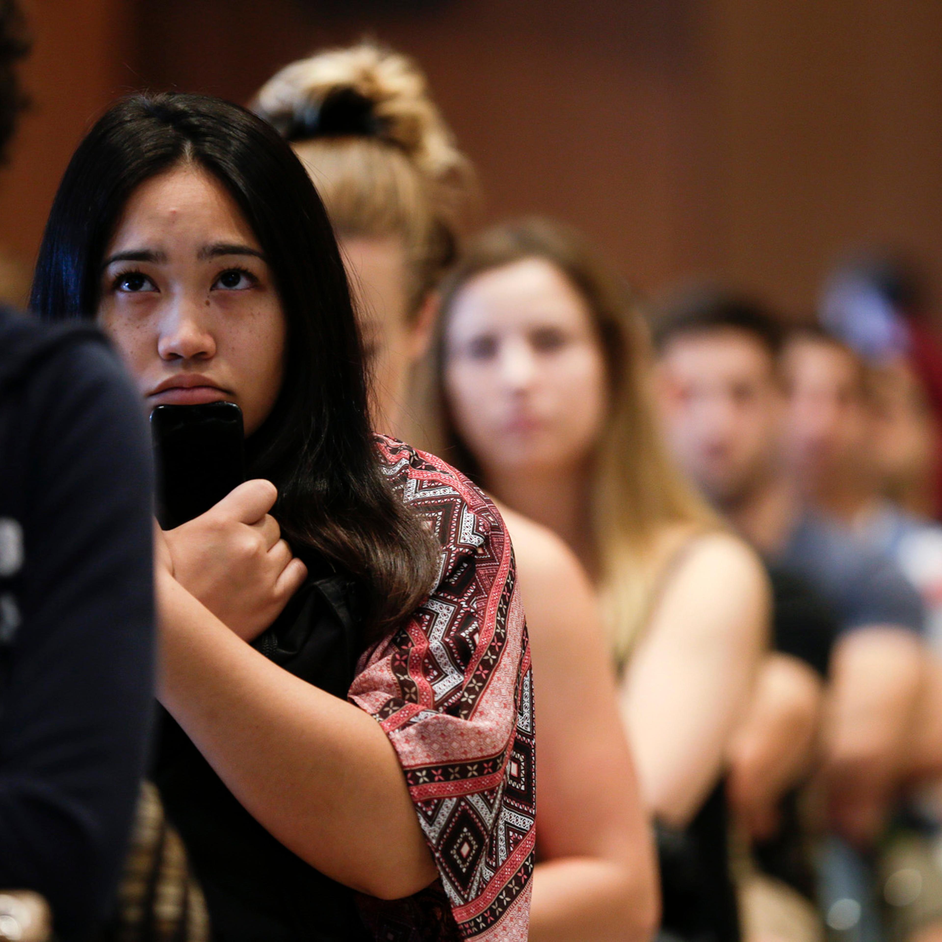 New students at San Diego State University watch a video on sexual consent during an orientation meeting, Aug. 1, 2014, in San Diego.