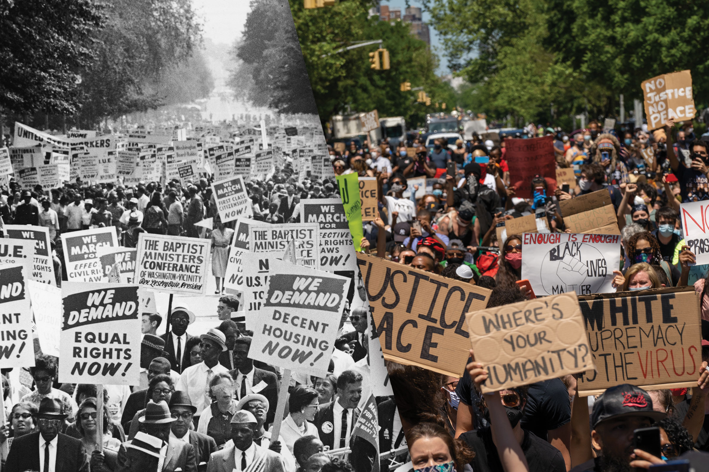 A split screen of two images depicting civil rights protests in DC in the 1960s and Black Lives Matter Protests in New York 2020