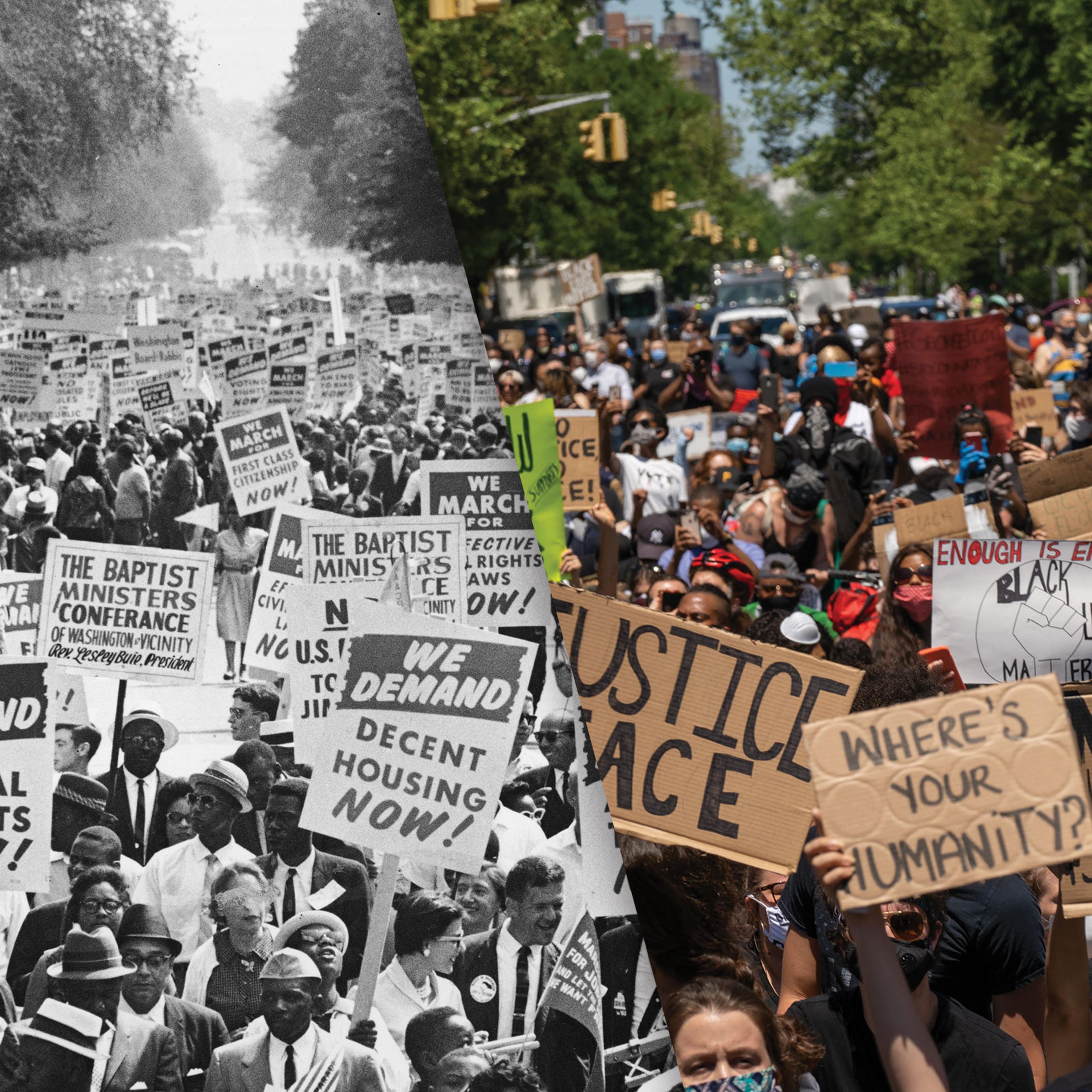 A split screen of two images depicting civil rights protests in DC in the 1960s and Black Lives Matter Protests in New York 2020