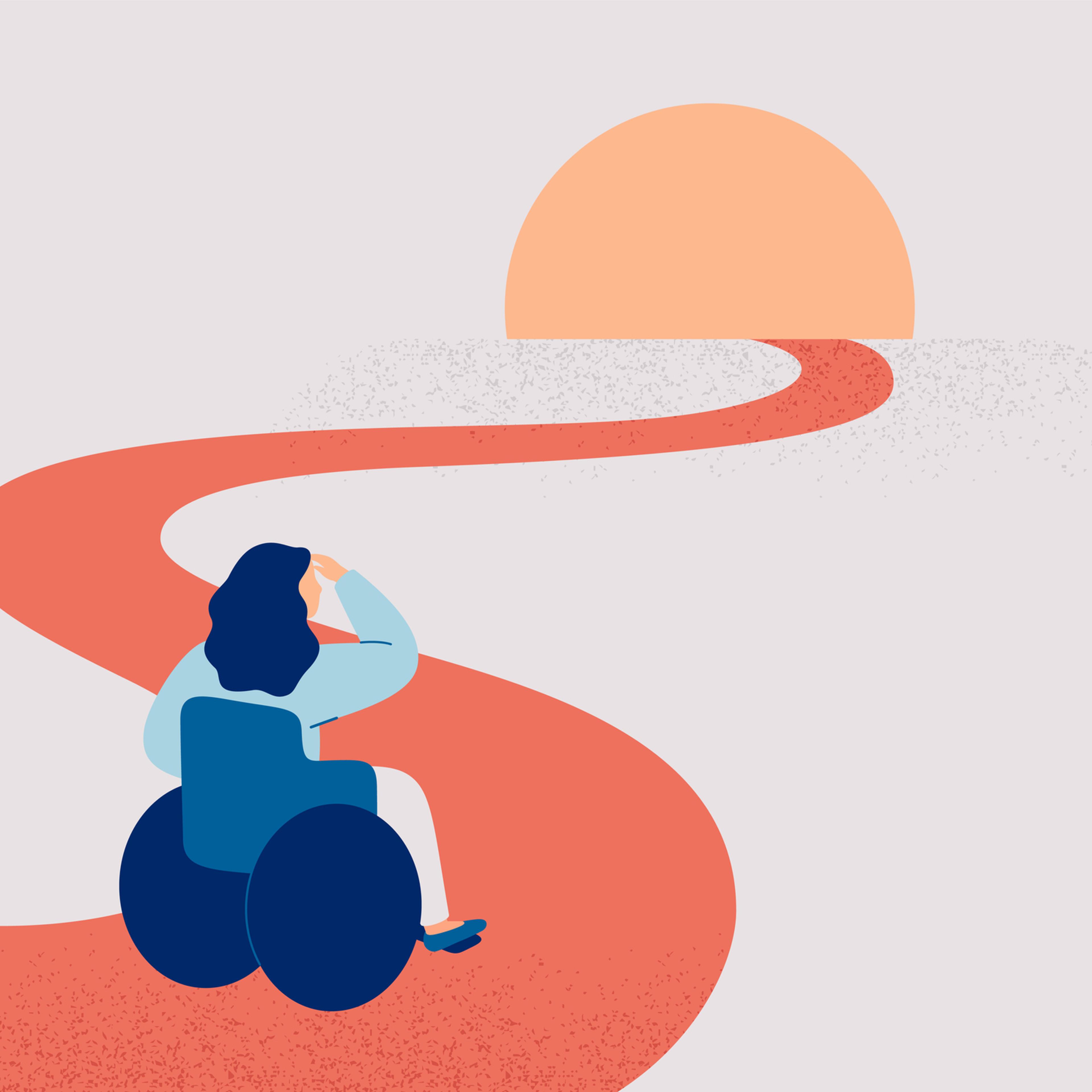 Woman sits in the wheelchair and looks on sunrise.
Girl with limited mobility looks into future and searches opportunities for personal growth.