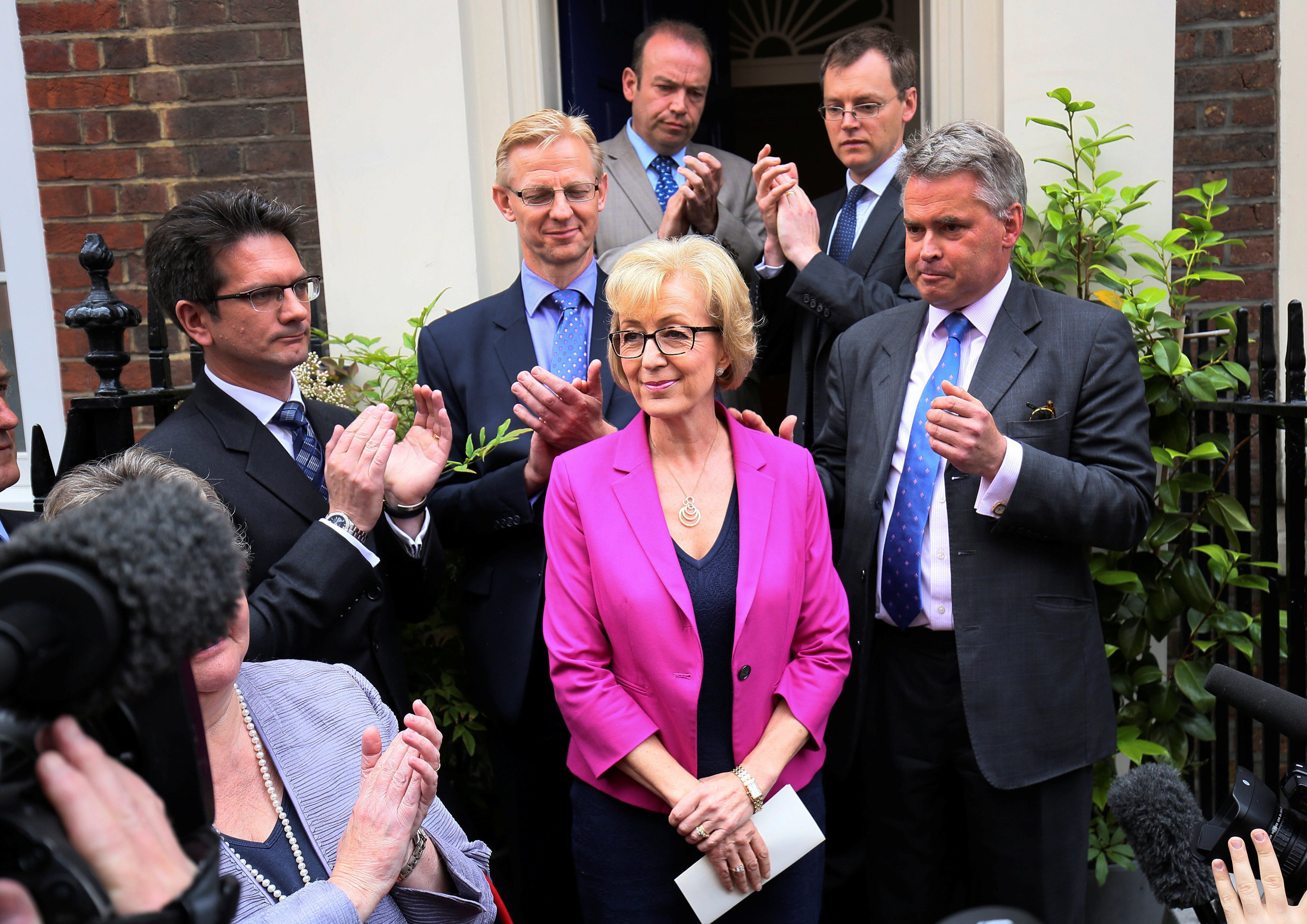 Andrea Leadsom, a candidate to become the next Conservative Party leader and British prime minister, rules herself out of the leadership battle during a news conference in central London on July 11, 2016.