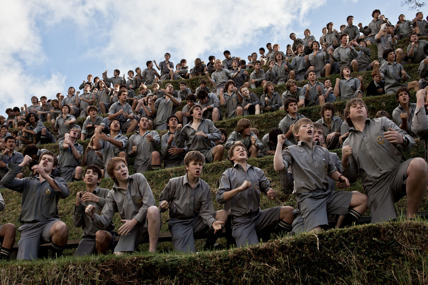 Students from New Plymouth Boys' High School support their team during a game against Francis Douglas Memorial College, in New Plymouth, Taranaki, New Zealand.