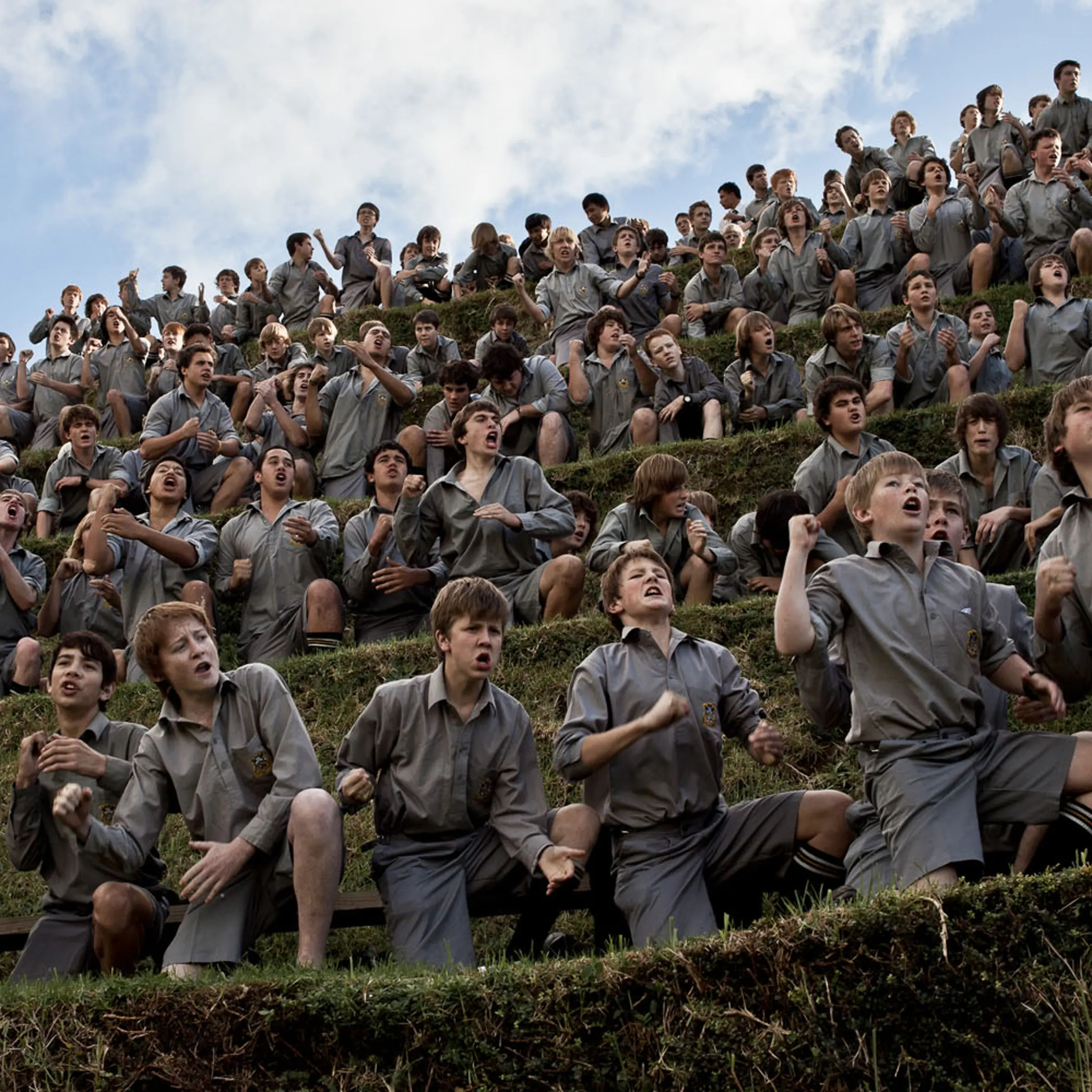 Students from New Plymouth Boys' High School support their team during a game against Francis Douglas Memorial College, in New Plymouth, Taranaki, New Zealand.