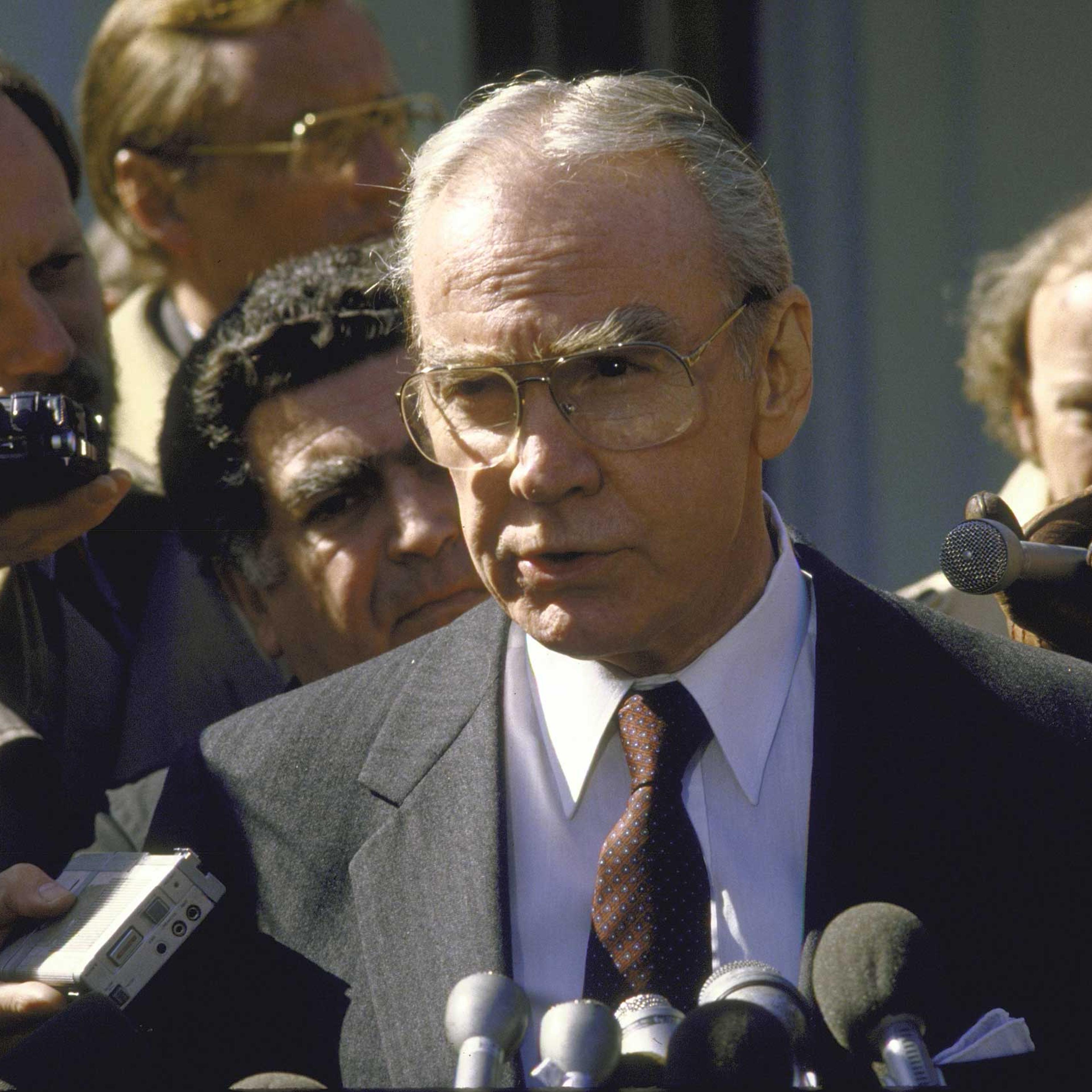 UNITED STATES - MARCH 01: Rep. Jim Wright speaking to press after meeting with President Reagan on Geneva arms talks. (Photo by Diana Walker/Time & Life Pictures/Getty Images)