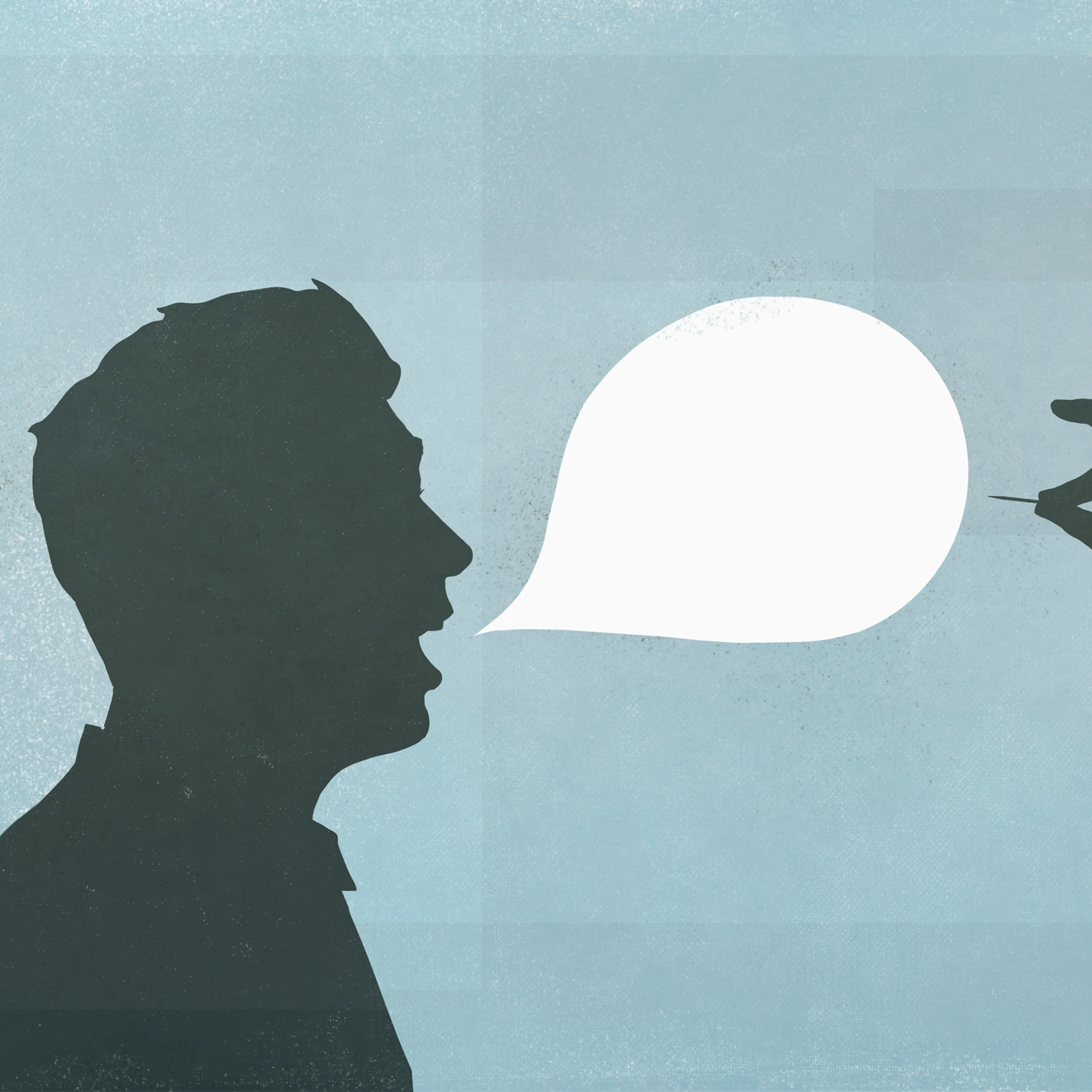 Hand with pin popping speech bubble